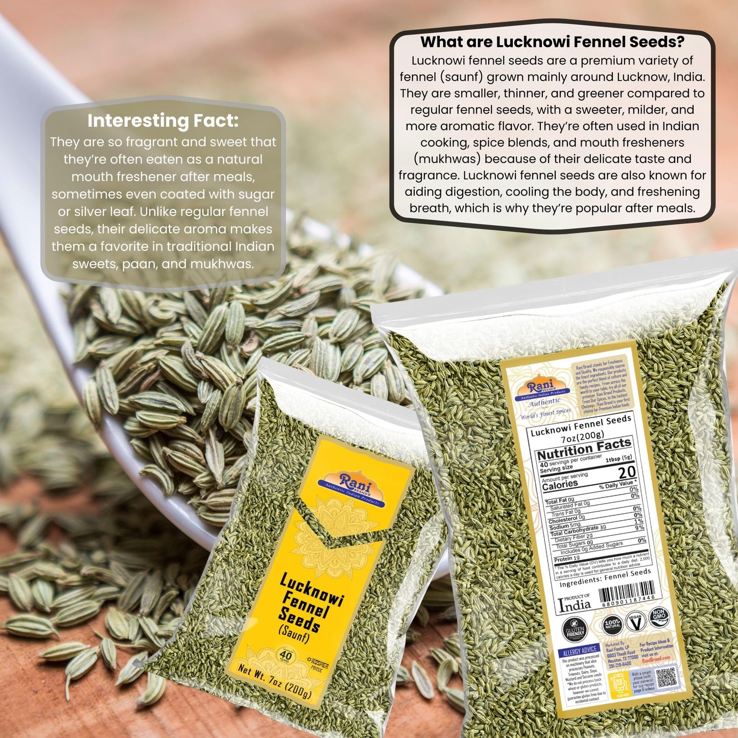 Rani Fennel Lucknowi Seeds Whole Spice, 7oz (200g), All Natural, Gluten Friendly, Non-GMO, Vegan, Indian Origin