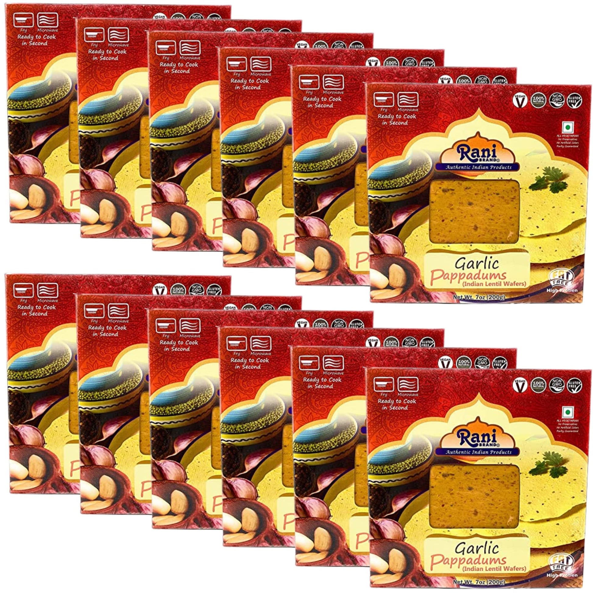 Rani Pappadums (Indian Lentil Wafer Snack) Garlic Papad 7oz (200g) Approximately 15pc, 7 inches, Pack of 12 ~ All Natural | Glut