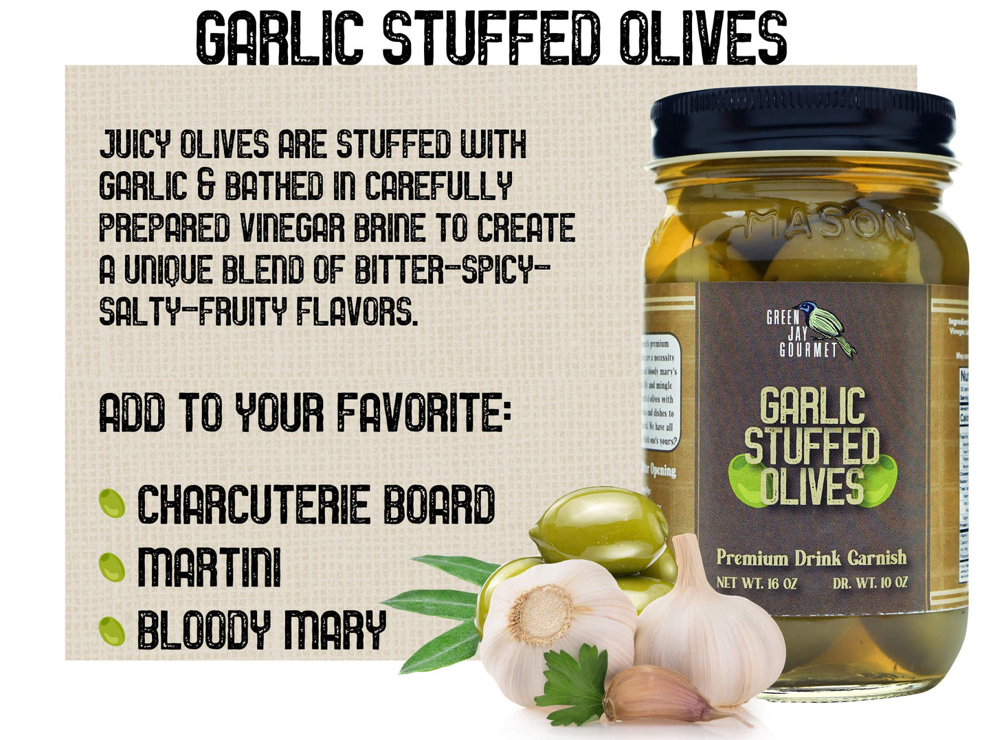 Green Jay Gourmet Stuffed Olives - Garlic & Blue Cheese - 32 Ounces - All Natural