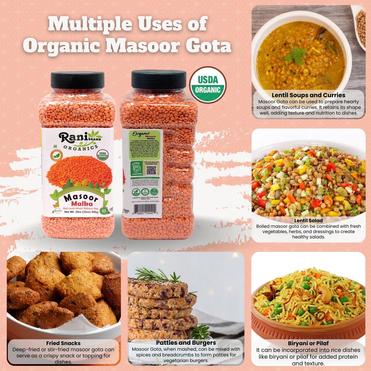 Rani Organic Masoor Gota (Football) Indian Red Lentils Skinless 32Oz (2Lbs) 908G ~ All Natural | Gluten Friendly | Non-Gmo | Kos