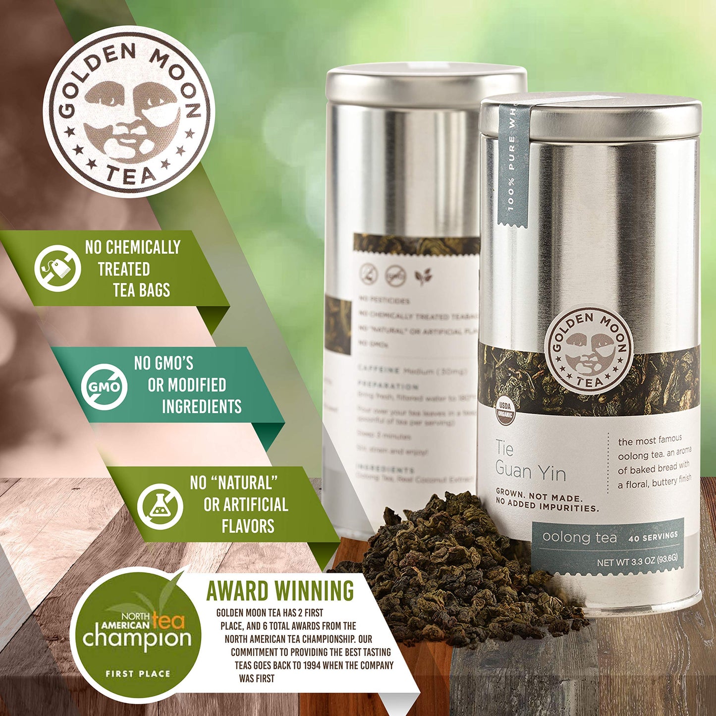 Golden Moon Tea Tie Guan Yin Oolong Tea - Organic Loose Leaf - 3.3 Ounce Travel Tin - Non-GMO - 30 Servings