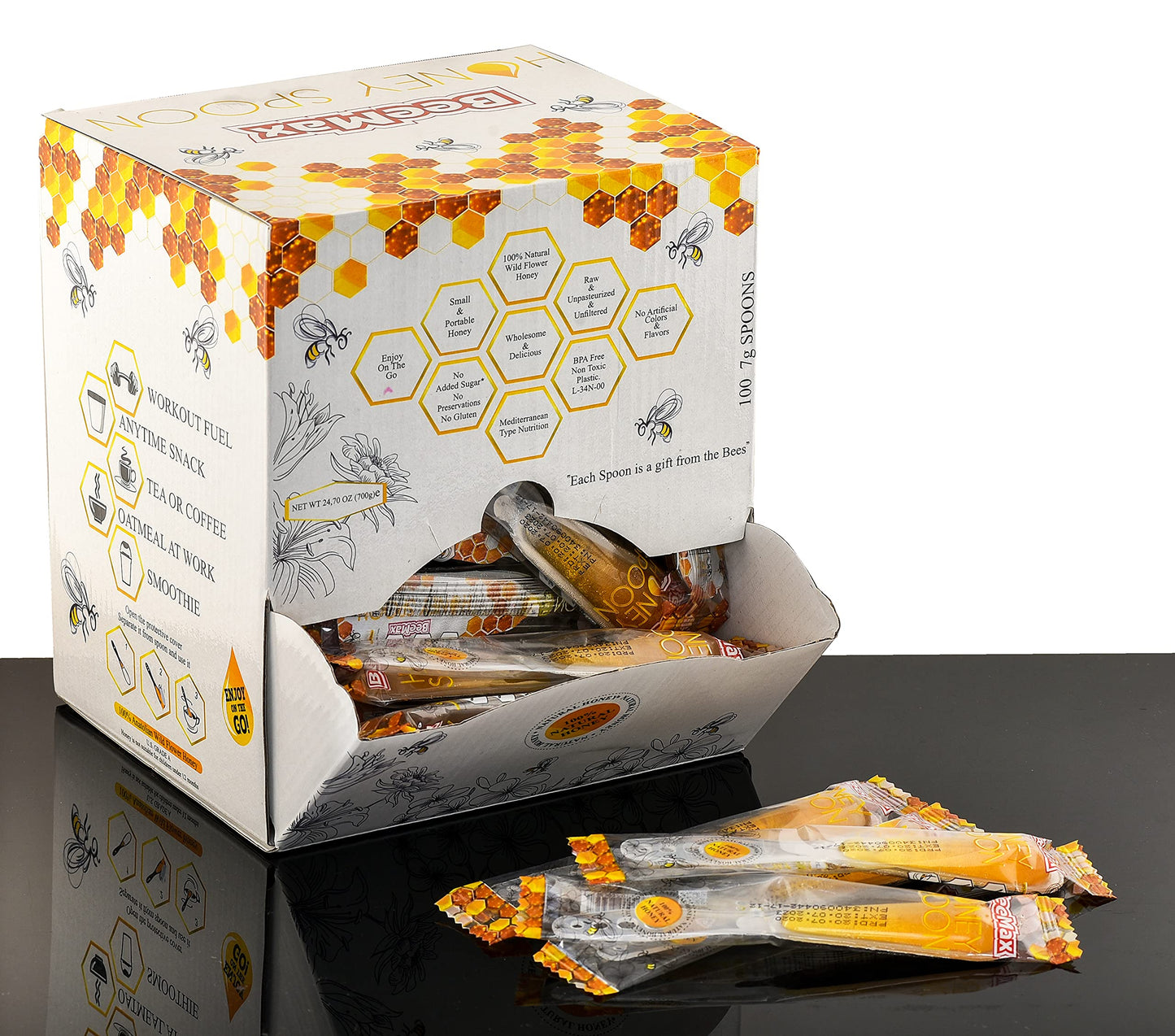 Honey Spoon - Easy To Stir Pure Natural Crystalized Wildcrafted Honey, Disposable And Individually Wrapped Spoons, Gluten Free (