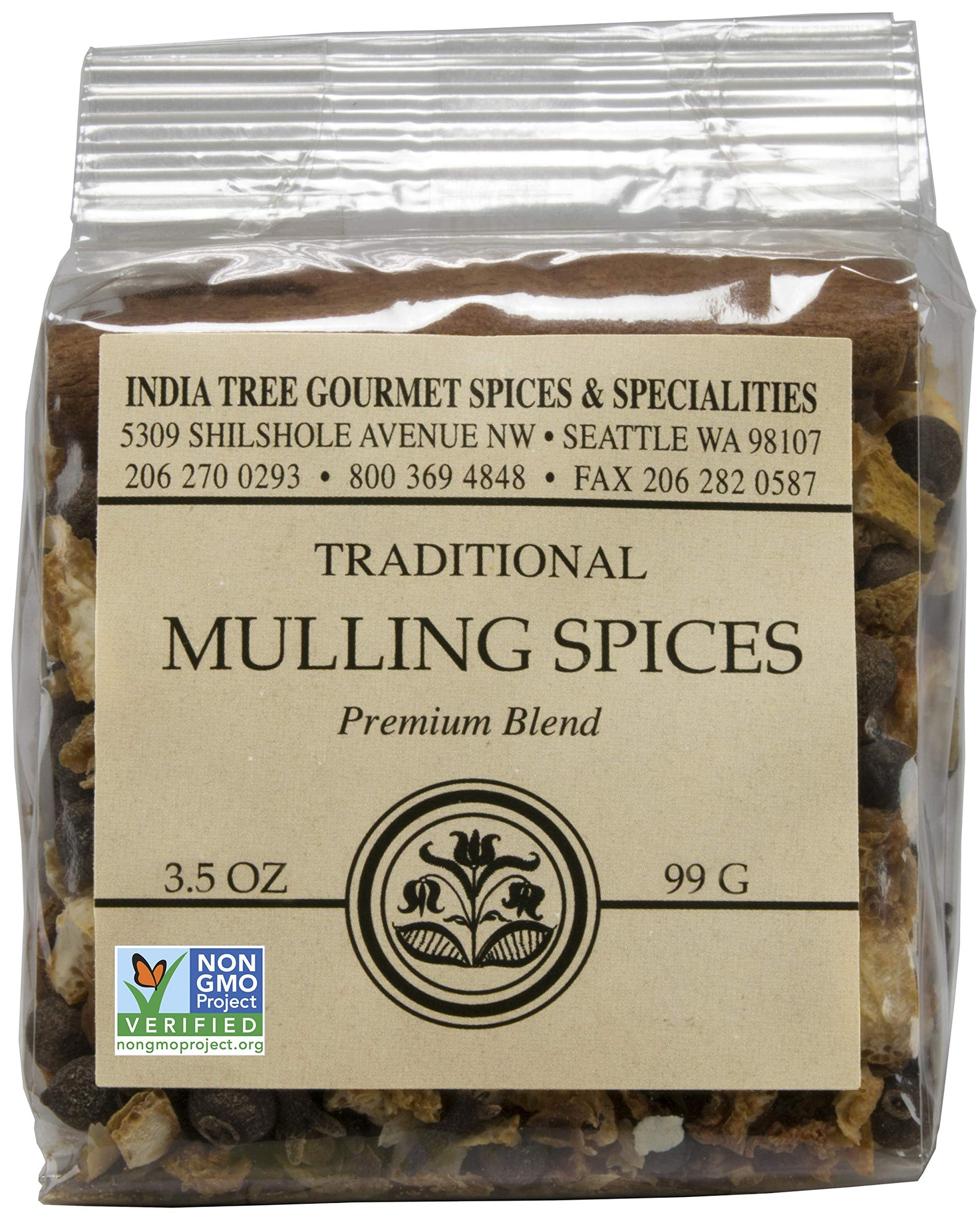 India Tree Mulling Spices for Cider & Wine – Whole Cinnamon, Cloves, Allspice & Orange Peel – 3.5 oz Pouch