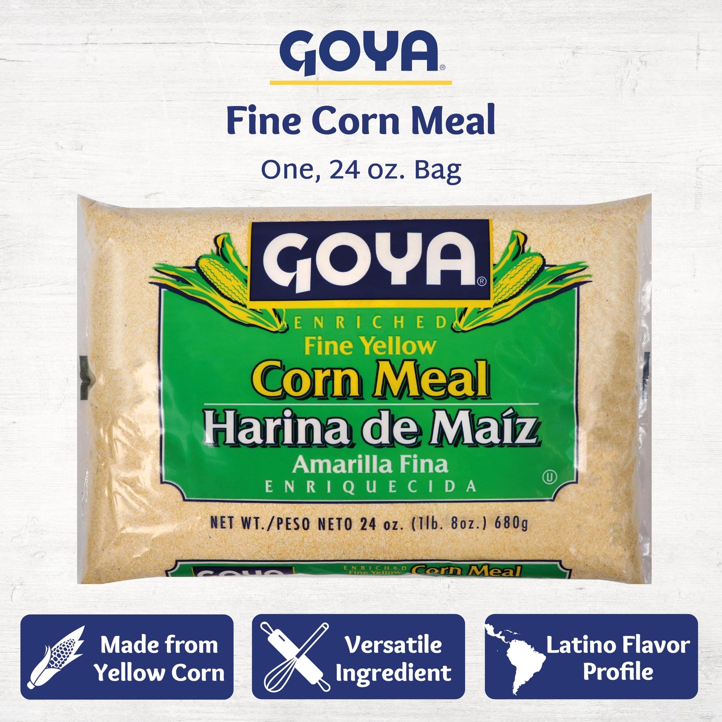 Goya Fine Yellow Corn Meal, 24 Ounce, Pack of 2 - Ideal for Cooking and Baking