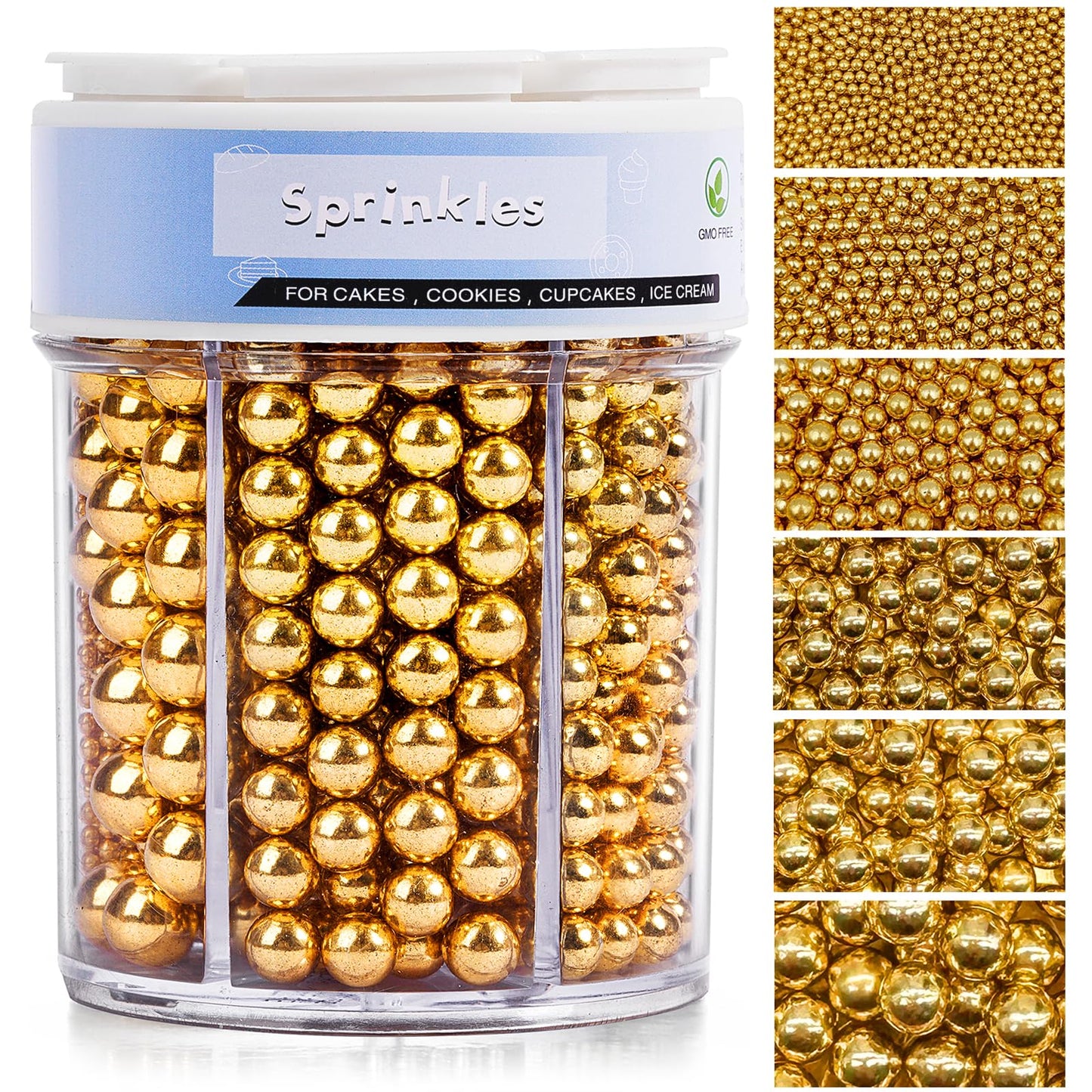 Sprinkles for Cake Decorating, 11Oz Gold Pearl Sprinkles 6 Sizes Mix for Cake Cupcake Ice Cream Donuts Cookie Baking Toppings