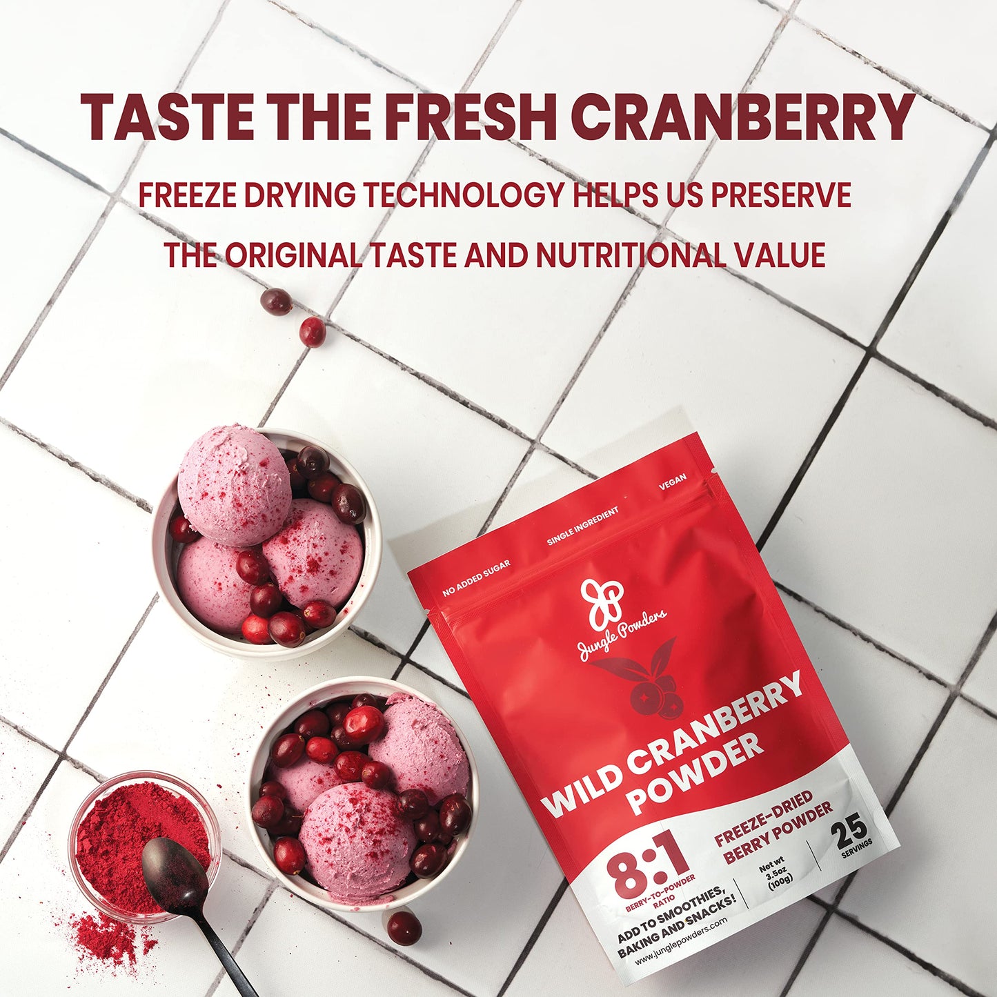 Jungle Powders Wild Cranberry Powder - Unsweetened Freeze-Dried Cranberries - 7 Ounce - Red