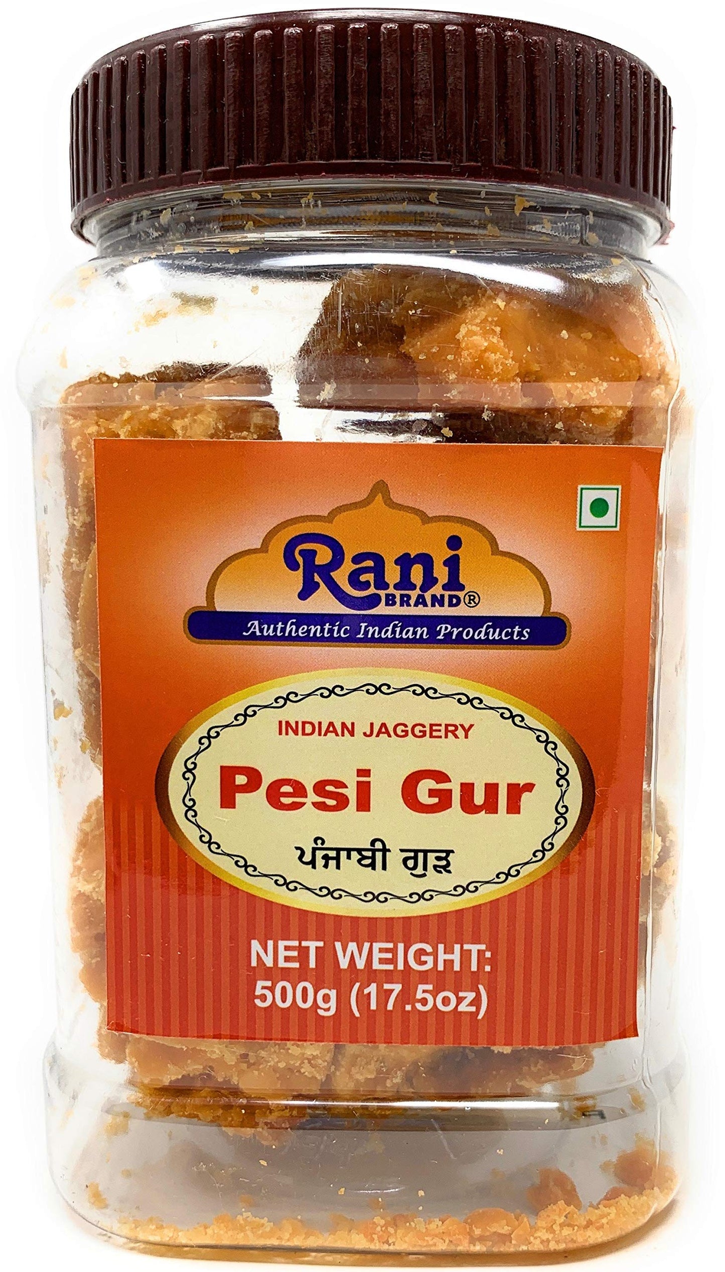 Rani Pesi Gur (Jaggery) Indian Unrefined Raw Cane Sugar 17.5oz (1.1lbs) 500g PET Jar ~ Gluten Friendly | Vegan | NON-GMO | No Sa