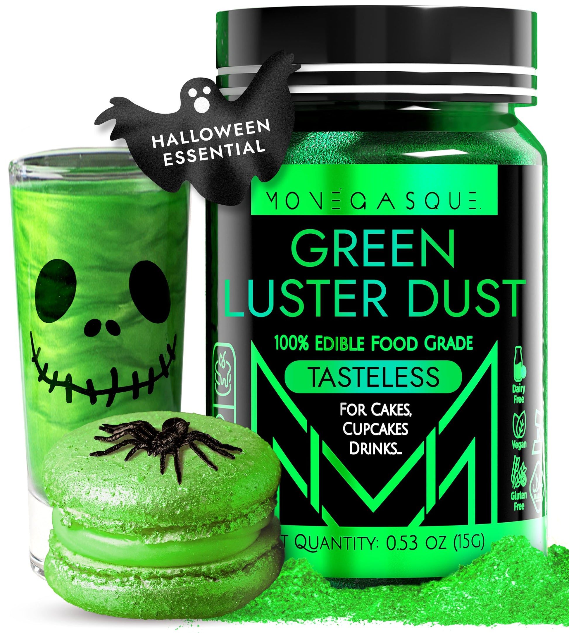 Mon  Gasque Green Luster Dust Edible Glitter For Cocktails 15G - Premium Green Edible Glitter - Halloween Cake Glitter - Edible