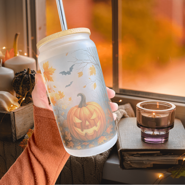 Halloween Frosted Pumpkin Iced Coffee Cup – Fall Glass Tumbler Gift