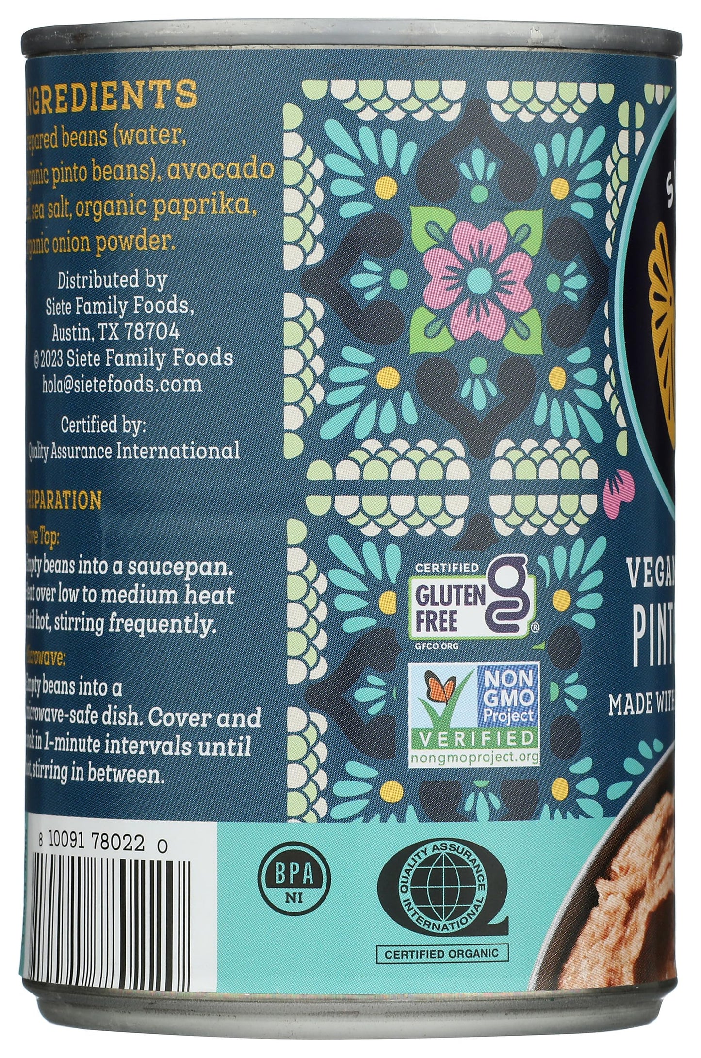 Siete Vegan Refried Pinto Beans | Grain Free | Dairy Free | Gluten Free | Soy Free | Non Gmo | 16Oz Can