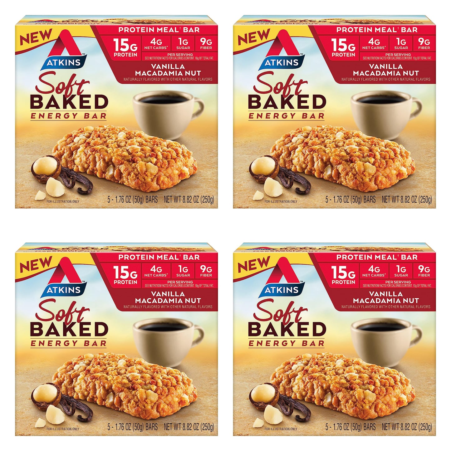 Atkins Vanilla Macadamia Nut Flavored Soft Baked Energy Bars, High In Protein, Low Sugar, High Fiber Snack, Protein Snack, 4 Packs (4 Bars Each)