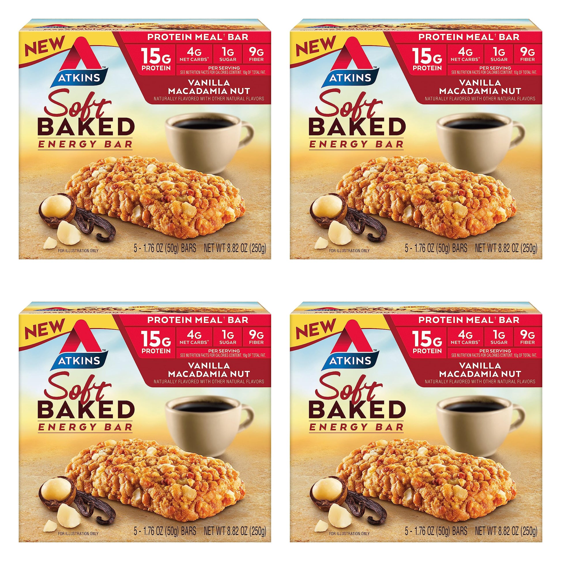 Atkins Vanilla Macadamia Nut Flavored Soft Baked Energy Bars, High In Protein, Low Sugar, High Fiber Snack, Protein Snack, 4 Packs (4 Bars Each)
