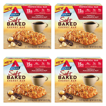 Atkins Vanilla Macadamia Nut Flavored Soft Baked Energy Bars, High In Protein, Low Sugar, High Fiber Snack, Protein Snack, 4 Packs (4 Bars Each)