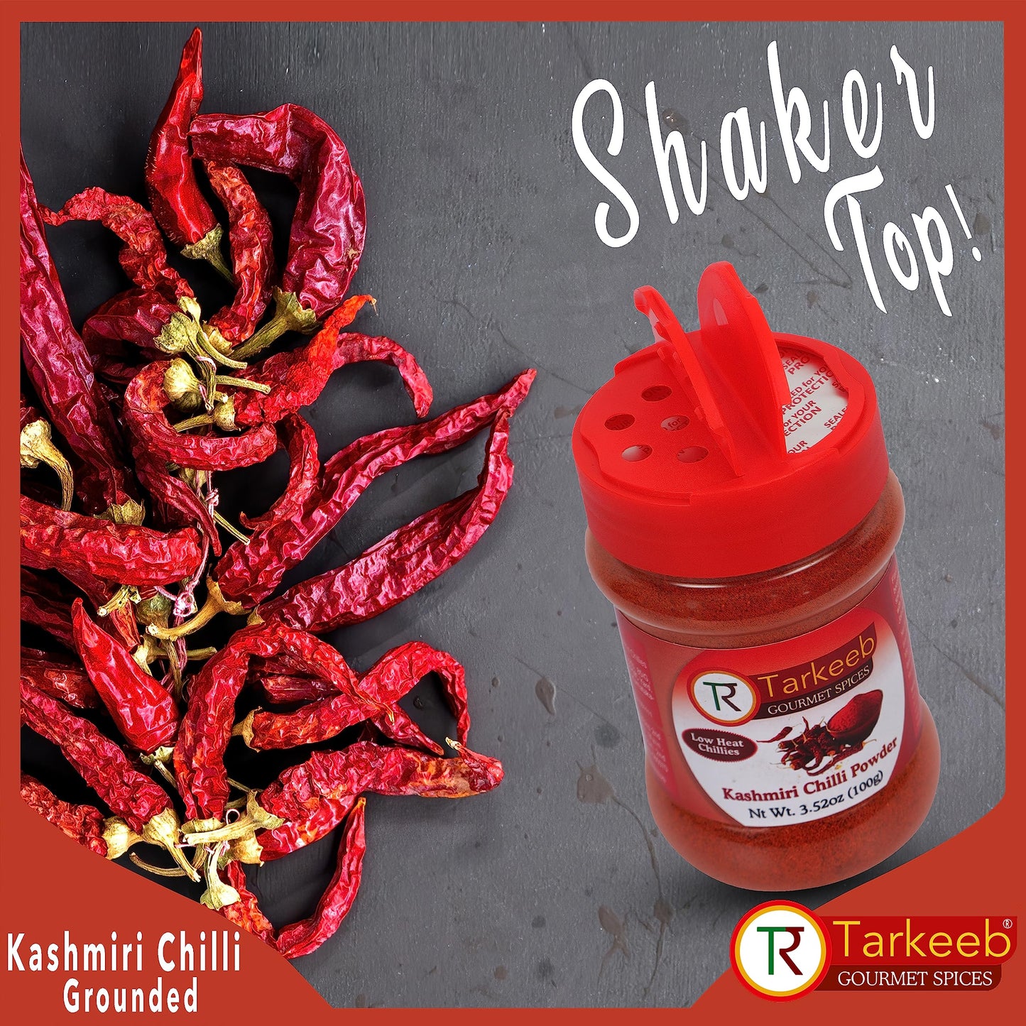 Tarkeeb Kashmiri Chili Powder (Deggi Mirch, Low Heat) 3.52 Oz (100G) Shaker Top Pet Jar | Authentic Indian Spice | All Natural |