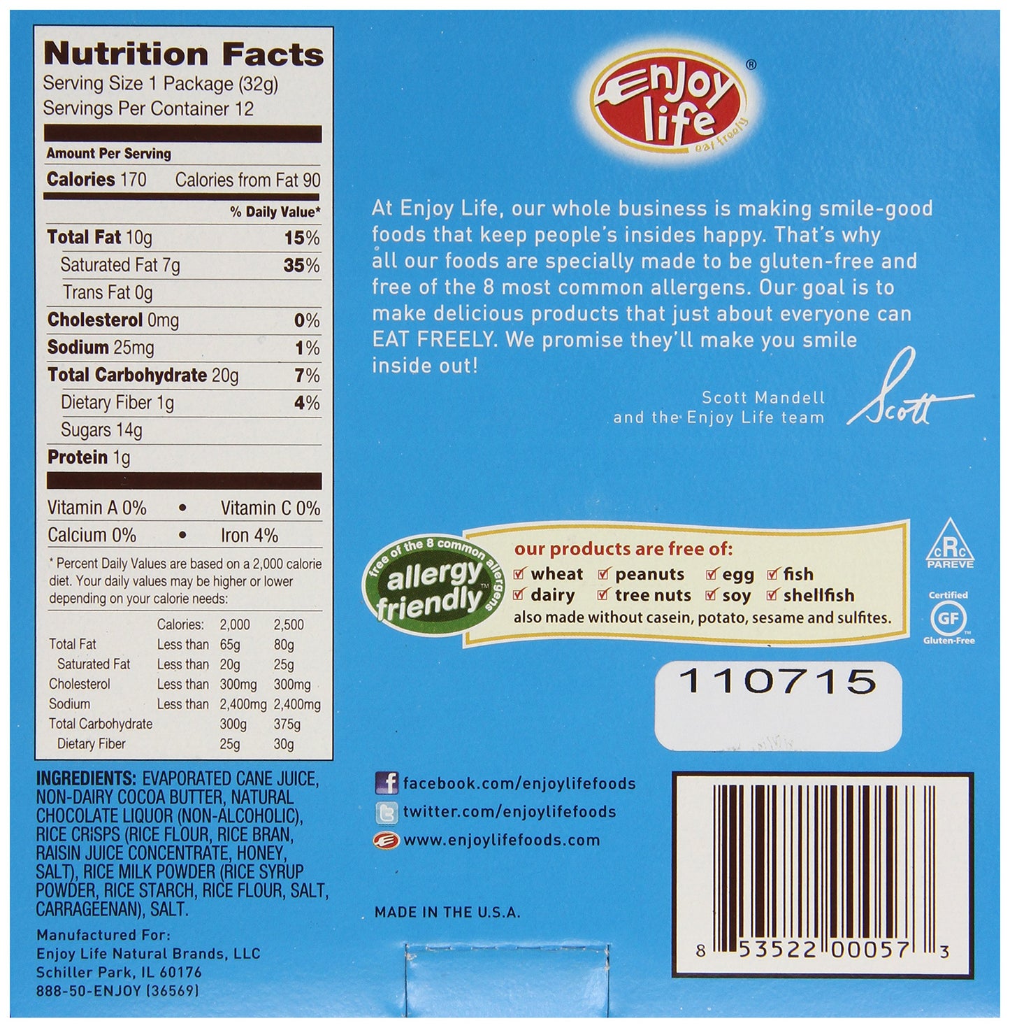 Enjoy Life Boomchocoboom Bar Ricemilk Crunch -- 1.12 Oz