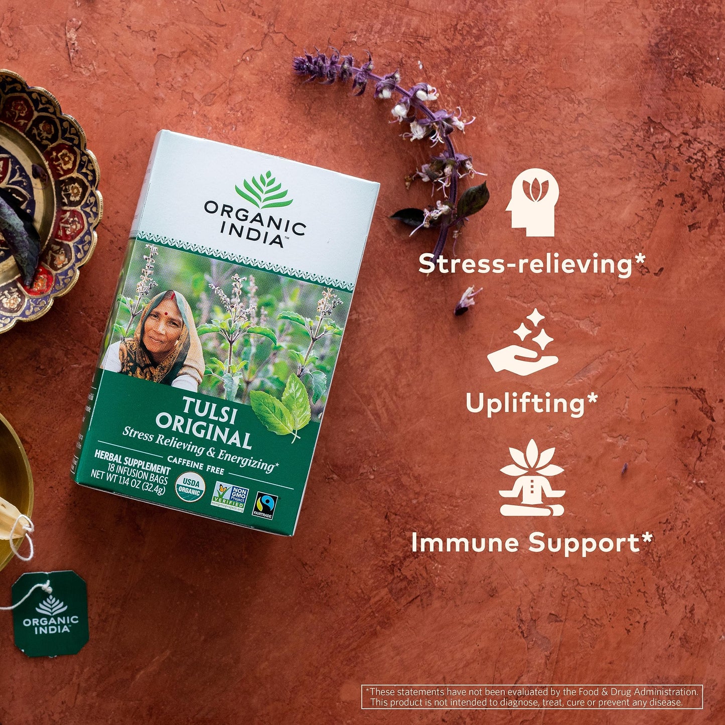 Organic India Tulsi Tea - Herbal Tea, Calming, Caffeine-Free, 18 Infusion Bags, 2 Pack