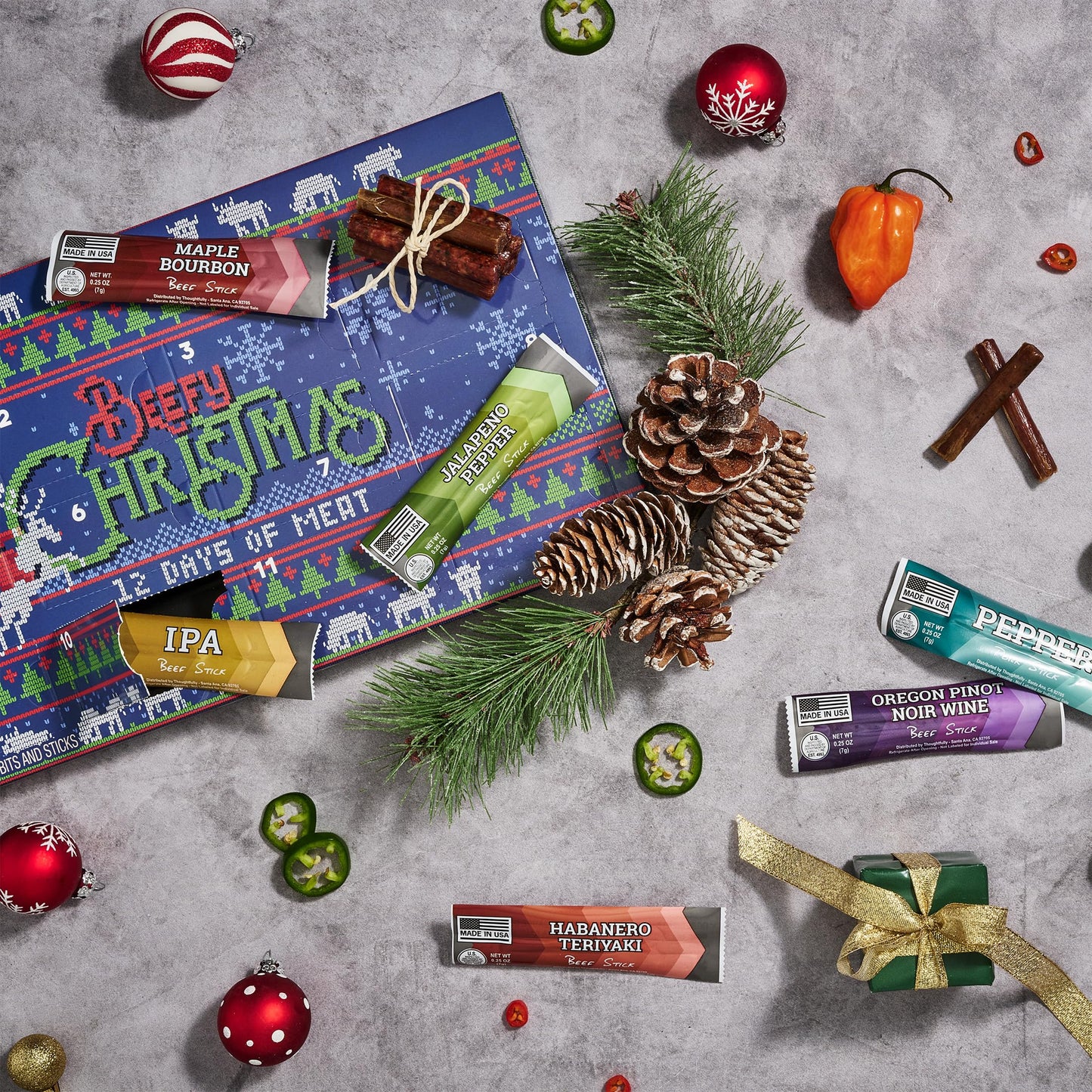 Man Crates  12 Days of Jerky Advent Calendar 2025 Featuring Ugly Christmas Sweater Artwork - Includes 12 Delicious Bites of Beef Jerky - Festive Flavors Like Habanero  Maple spirit-inspired flavor & More