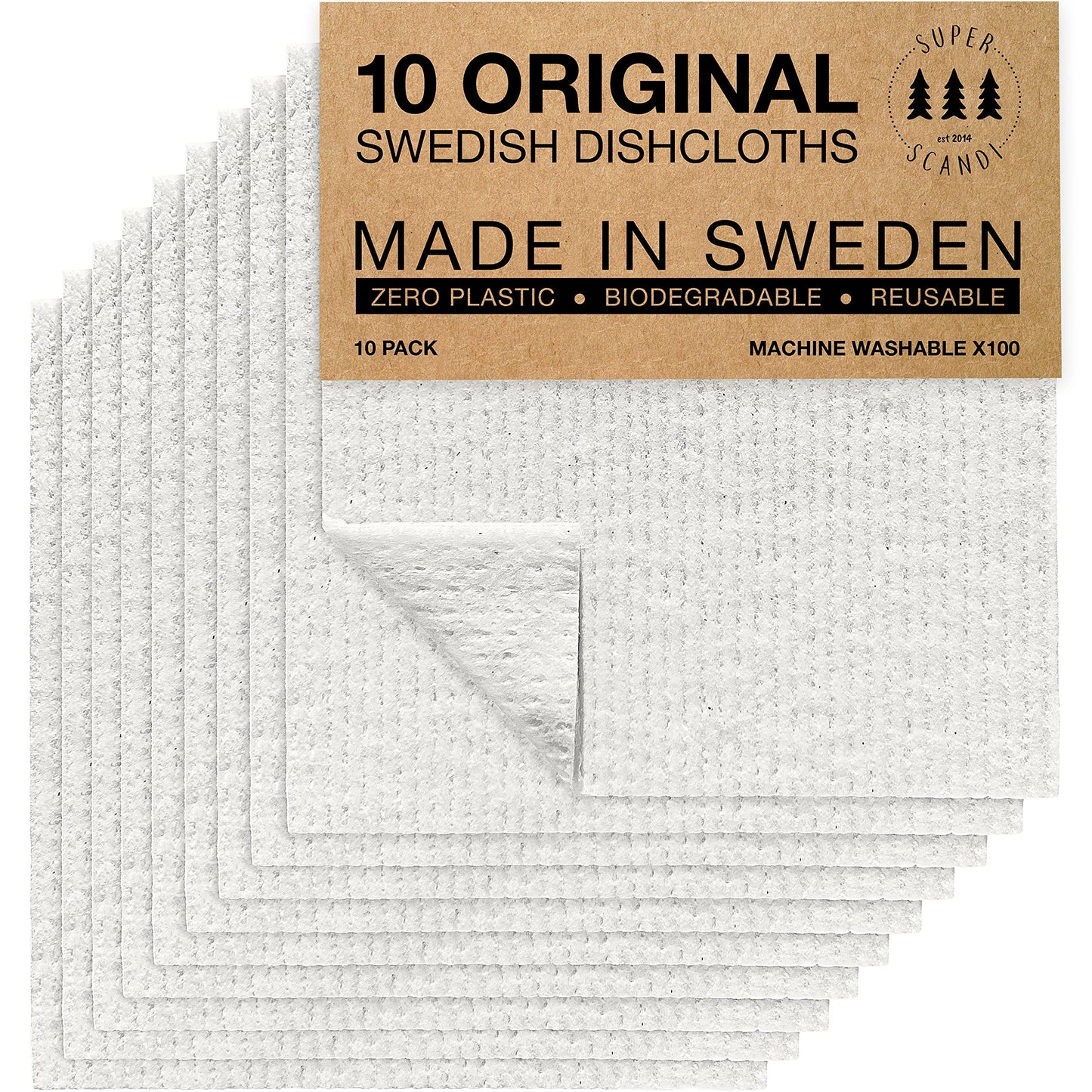 Superscandi White 10 Pack Swedish Dishcloths For Kitchen Reusable Compostable Towels Made In Sweden Cellulose Sponge Dish Cloths