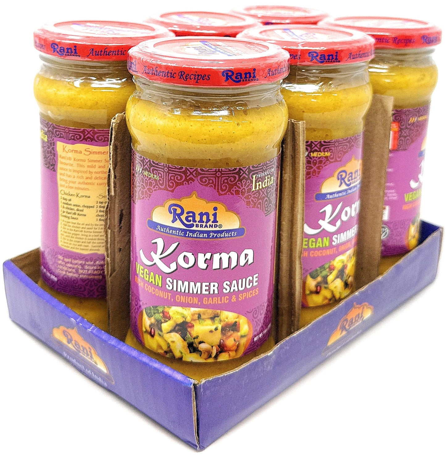 Rani Korma Curry Vegan Simmer Sauce (Rich Coconut, Onion, Garlic & Spices) 14Oz (400G) Glass Jar, Pack Of 5 +1 Free ~ Easy To Us