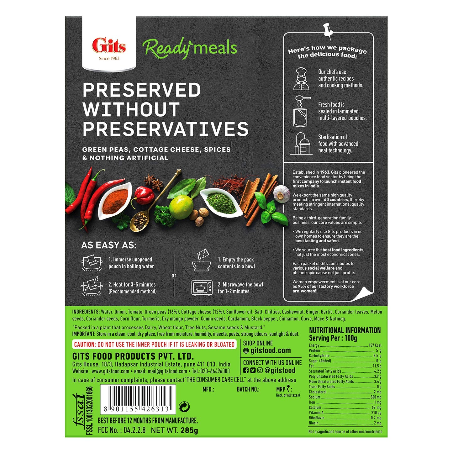 Gits Ready To Eat Matar Paneer, Pure Veg, Heat And Eat Spicy Curry, Microwaveable, 285G