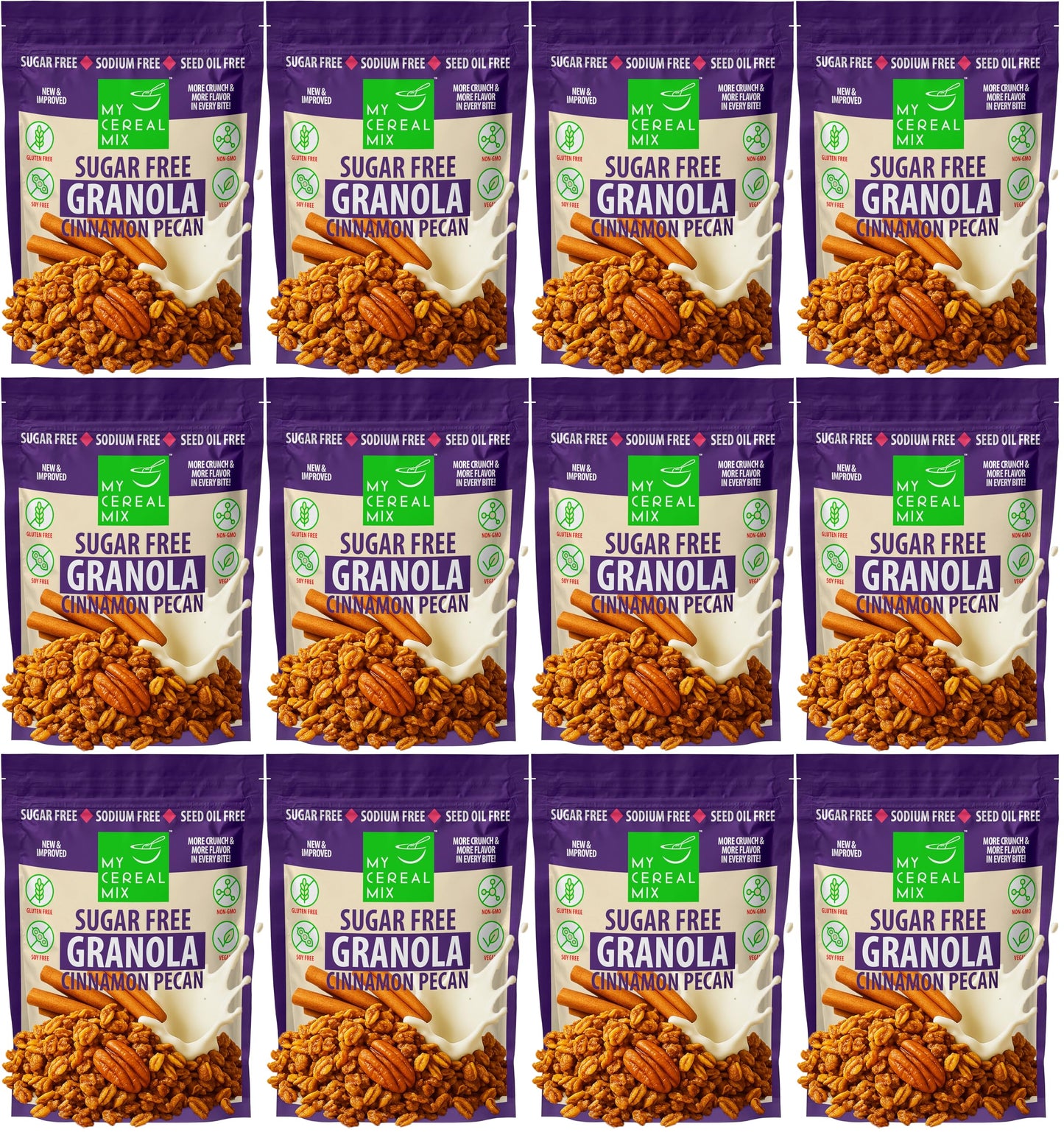 MyCerealMix Sugar Free Cinnamon Pecan Granola - 12 Pack (120oz Total) - Vegan, Gluten Free - Monk Fruit & Allulose Sweetened - D