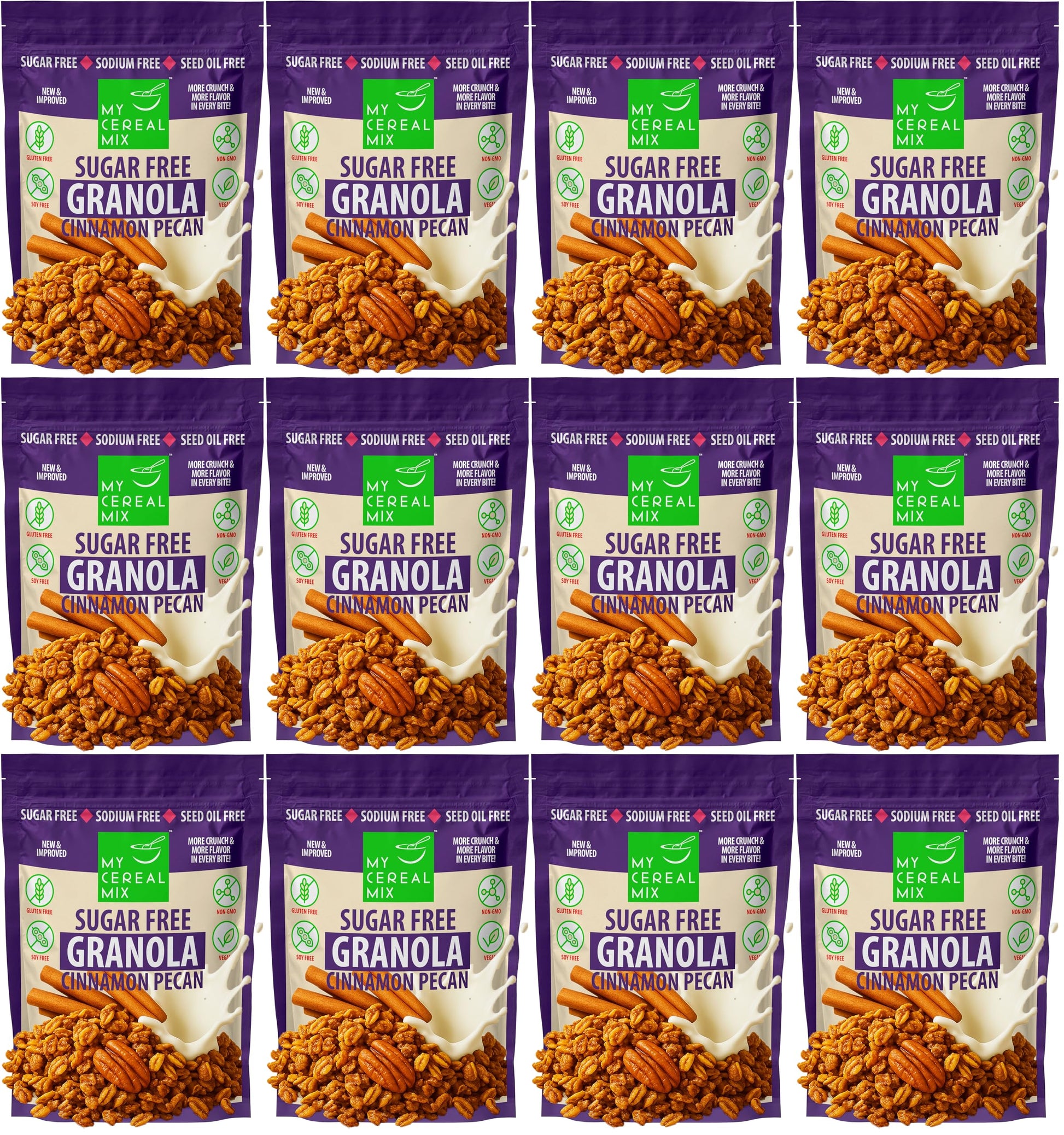MyCerealMix Sugar Free Cinnamon Pecan Granola - 12 Pack (120oz Total) - Vegan, Gluten Free - Monk Fruit & Allulose Sweetened - D