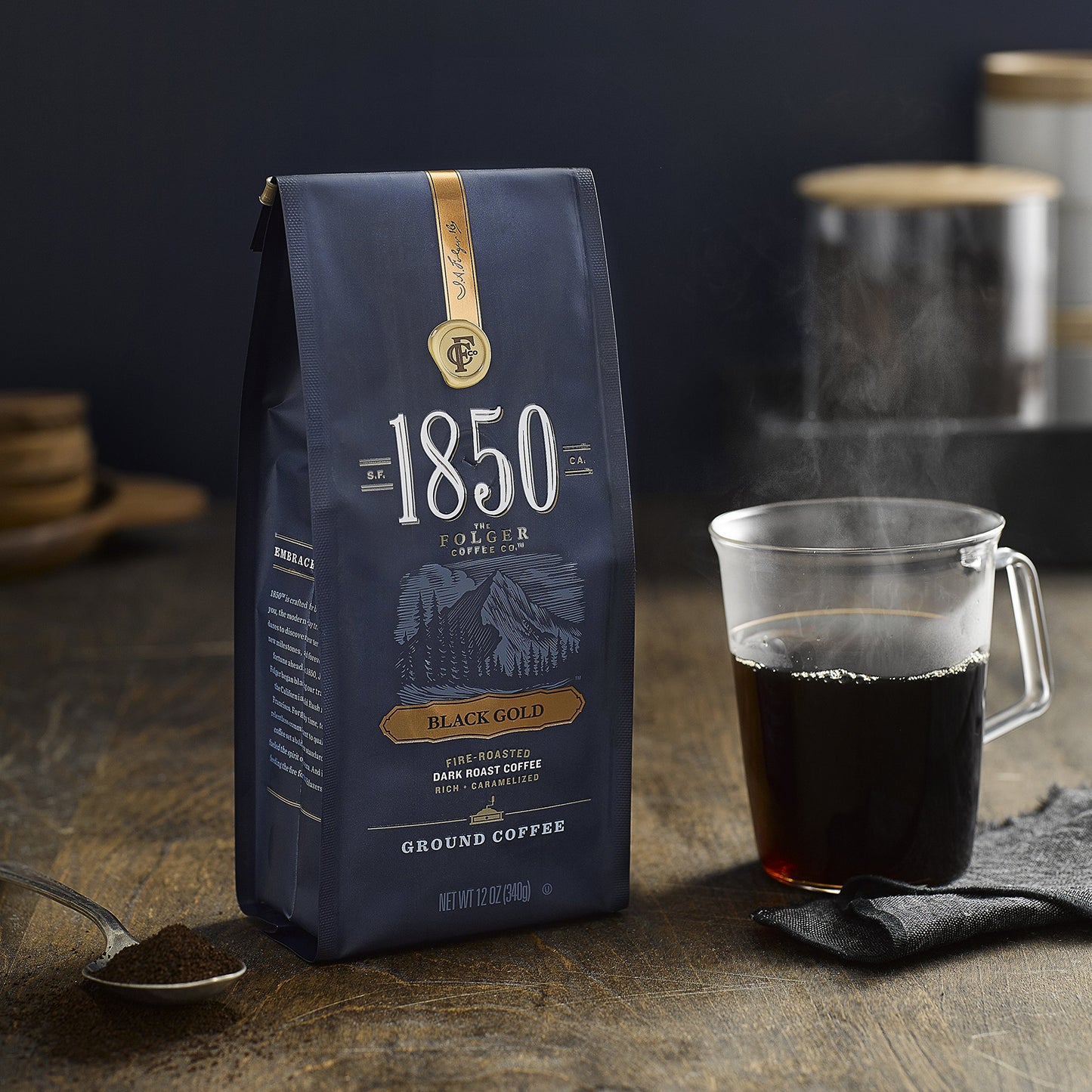 1850 Black Gold, Dark Roast Ground Coffee, 12 Ounces (Pack Of 2)