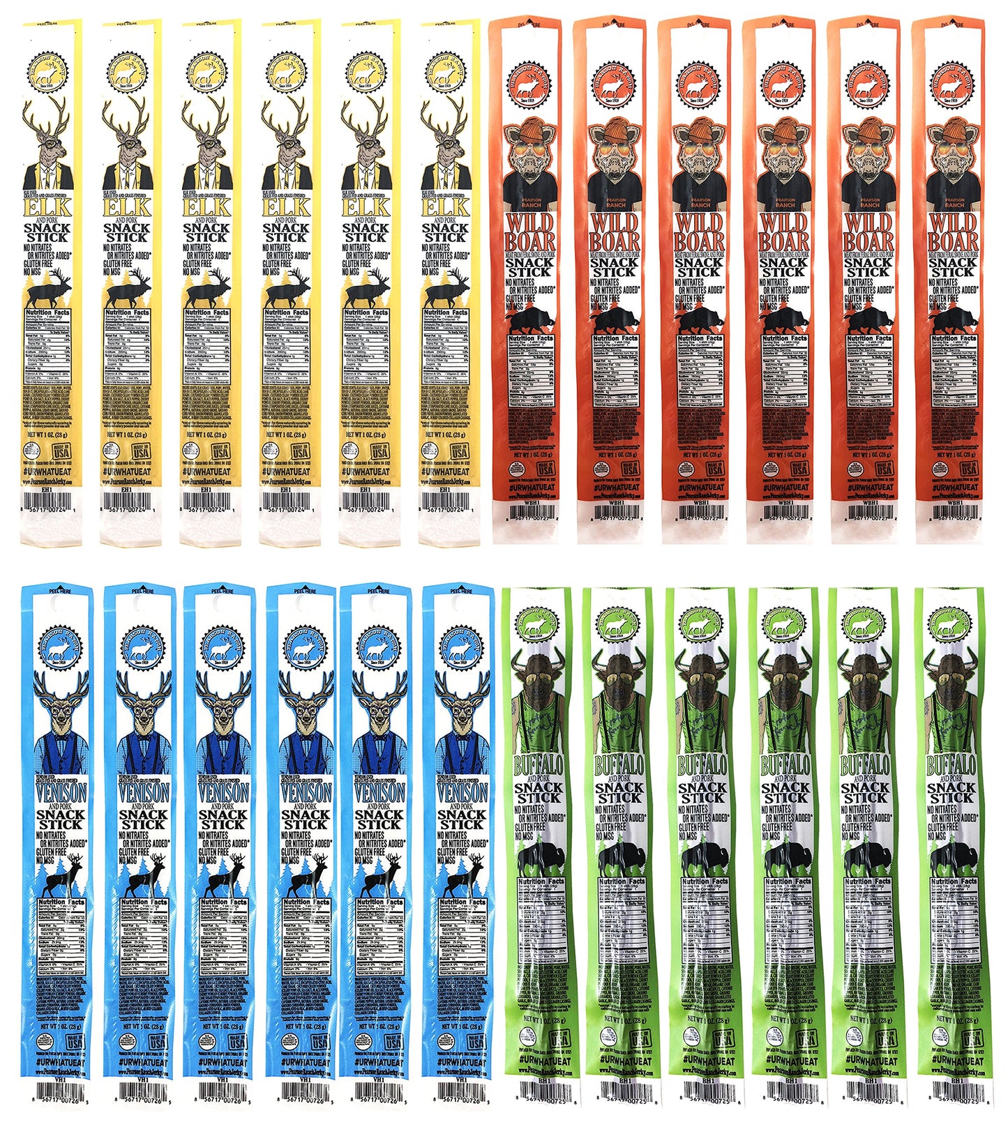 Pearson Ranch Since 1959 Assorted Game Meat Sticks Variety Pack Of 24 (1Oz Sticks) Elk, Buffalo, Venison, Wild Boar - Low-Carb,