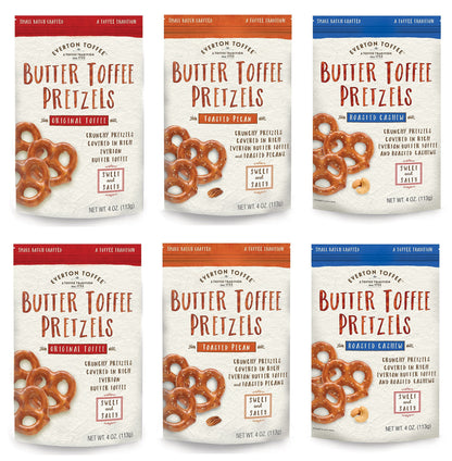 Everton Toffee Butter Toffee Pretzels, Variety Pack (4 oz. bag, 6-pack). Gourmet Artisan Toffee Covered Pretzels, Sweet and Salt