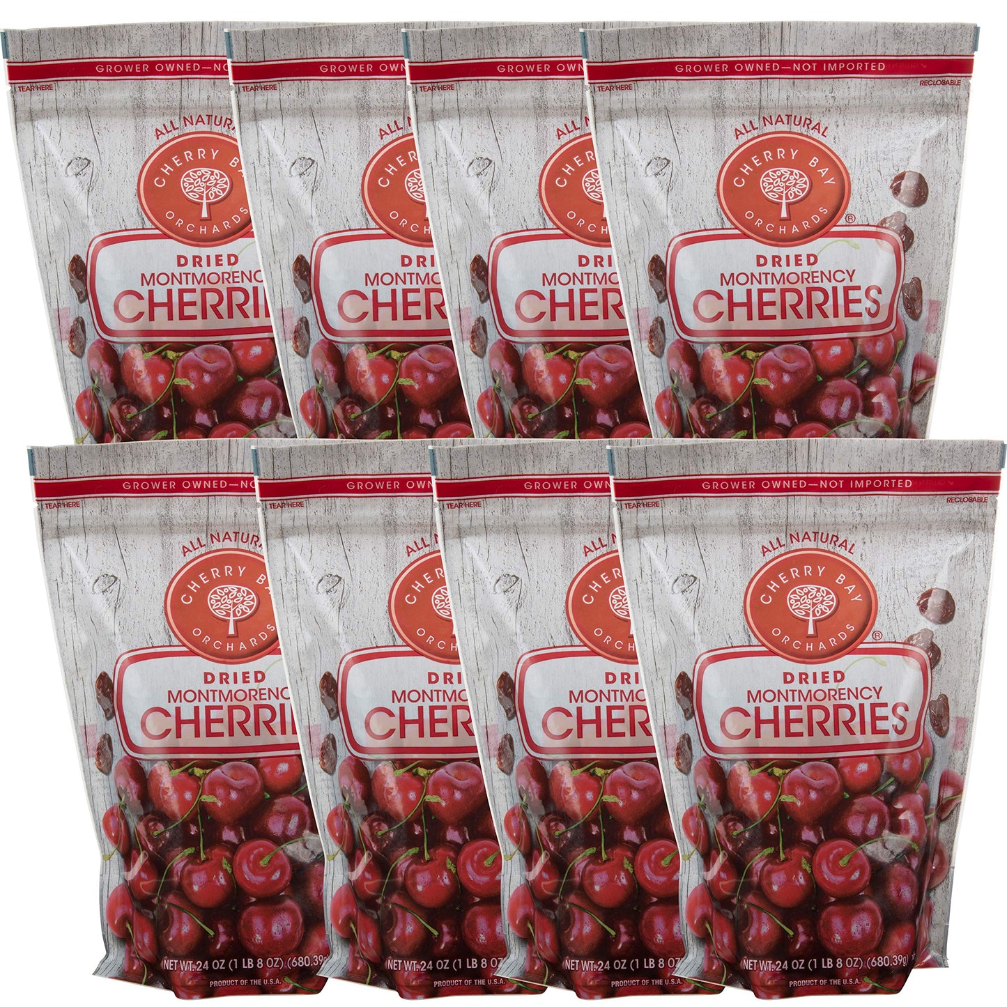 Cherry Bay Orchards - Dried Montmorency Tart Cherries - (Pack of 8 - 24oz Bags) - 100% Domestic, Natural, Kosher Certified, Glut
