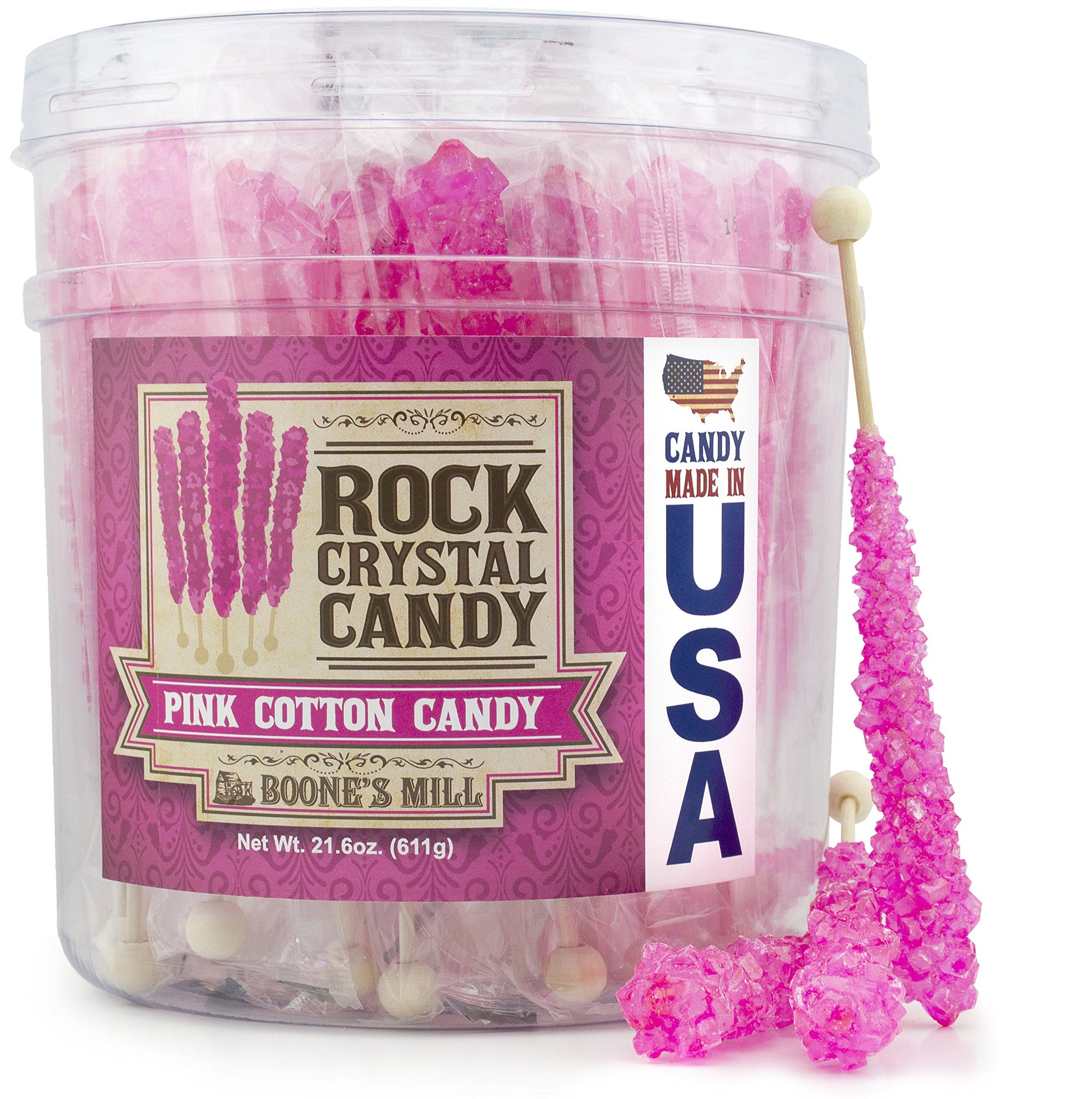 Boones Mill Rock Crystal Candy Sticks, Pink Cotton Candy, 36 Count