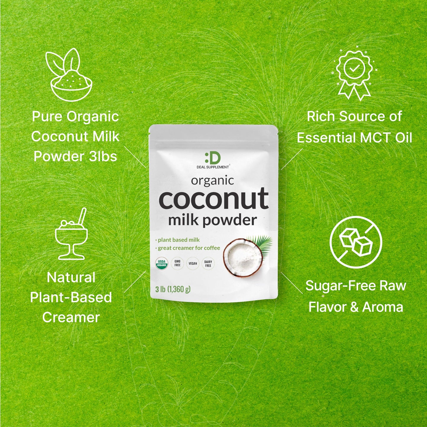 Unsweetened Organic Coconut Milk Powder, 3Lbs - Dairy Free Creamer Alternative - Sugar Free Raw Flavor - Rich Source Of Mct Oil