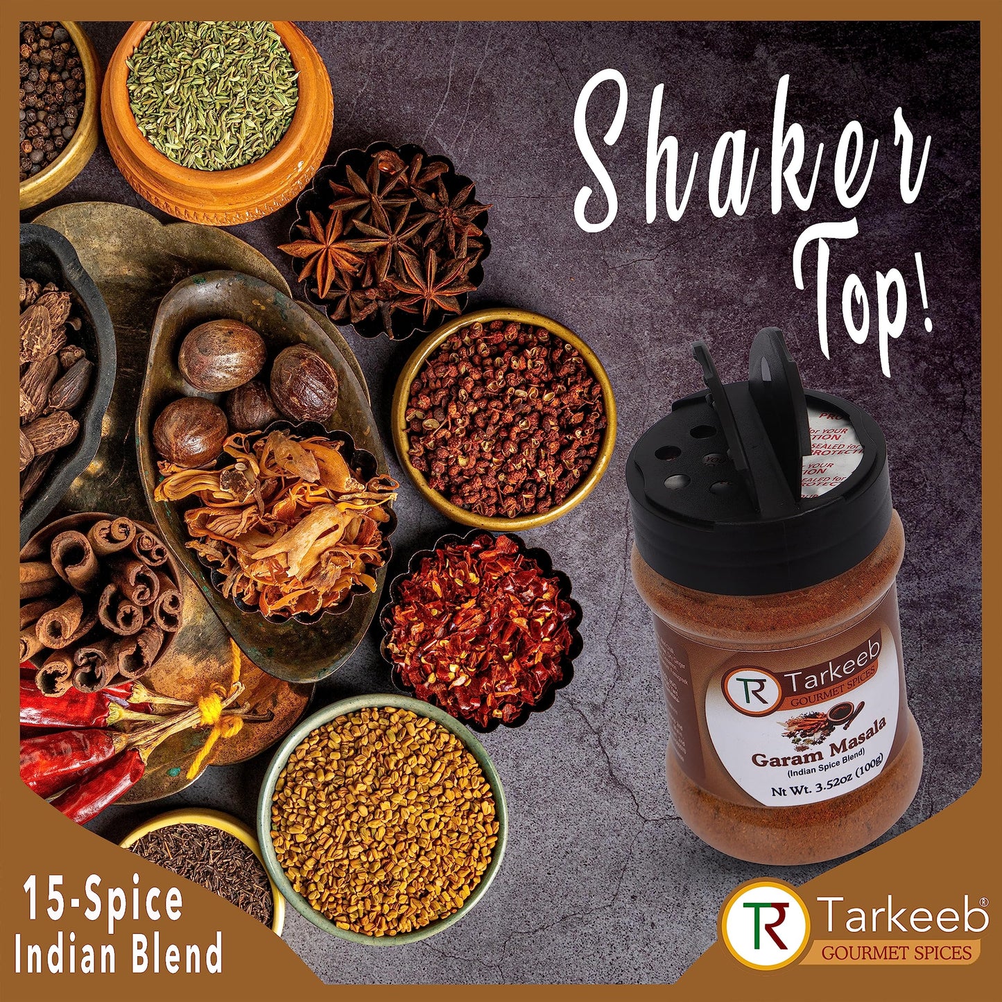 Tarkeeb Garam Masala Indian 15-Spice Blend 3.52 Oz (100G) Shaker Top Pet Jar ~ All Natural | Vegan | No Colors | Gluten Free | N