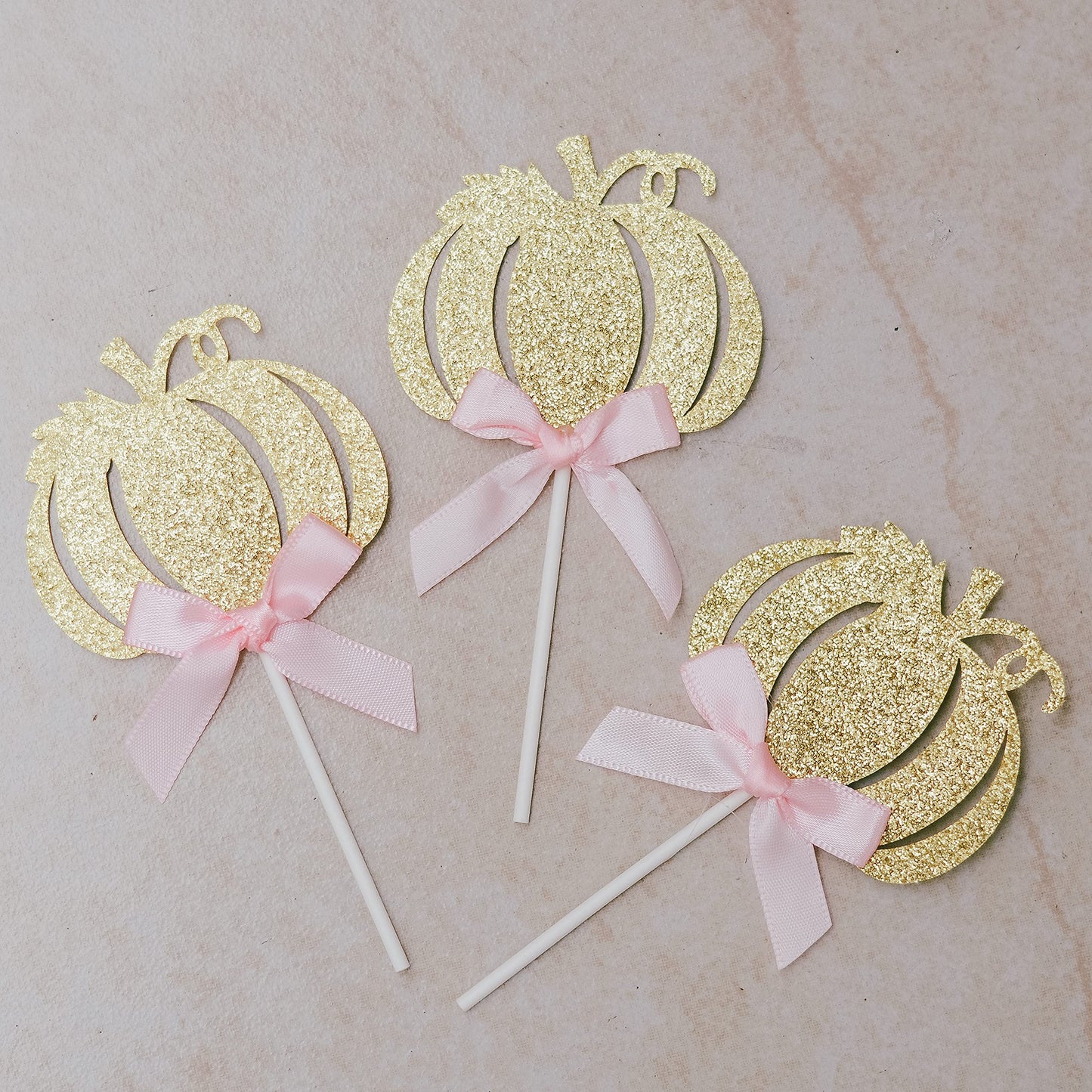 Bestus Little Pink Pumpkin Cake Topper Set, 25pcs, Glitter Cardboard, Gold & Pink for Birthday, Baby Shower, Halloween, Thanksgiving