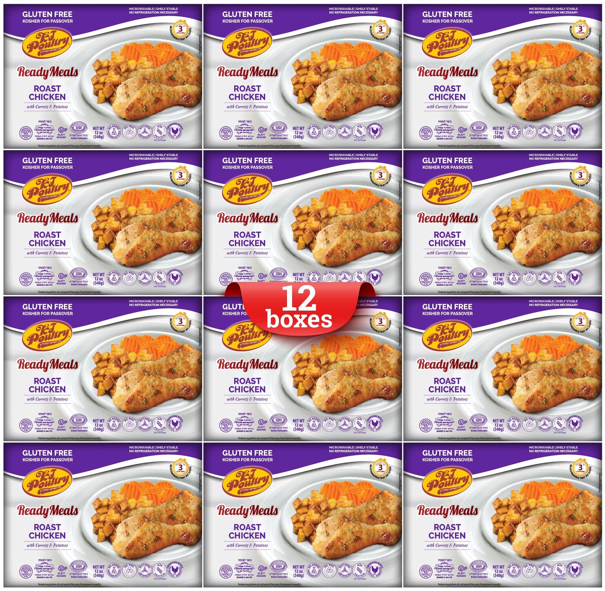 KJ Poultry Kosher for Passover Gluten Free Meals, Roast Chicken with Potato & Carrots, Halal, (12 Pack) Prepared Entree Fully Co