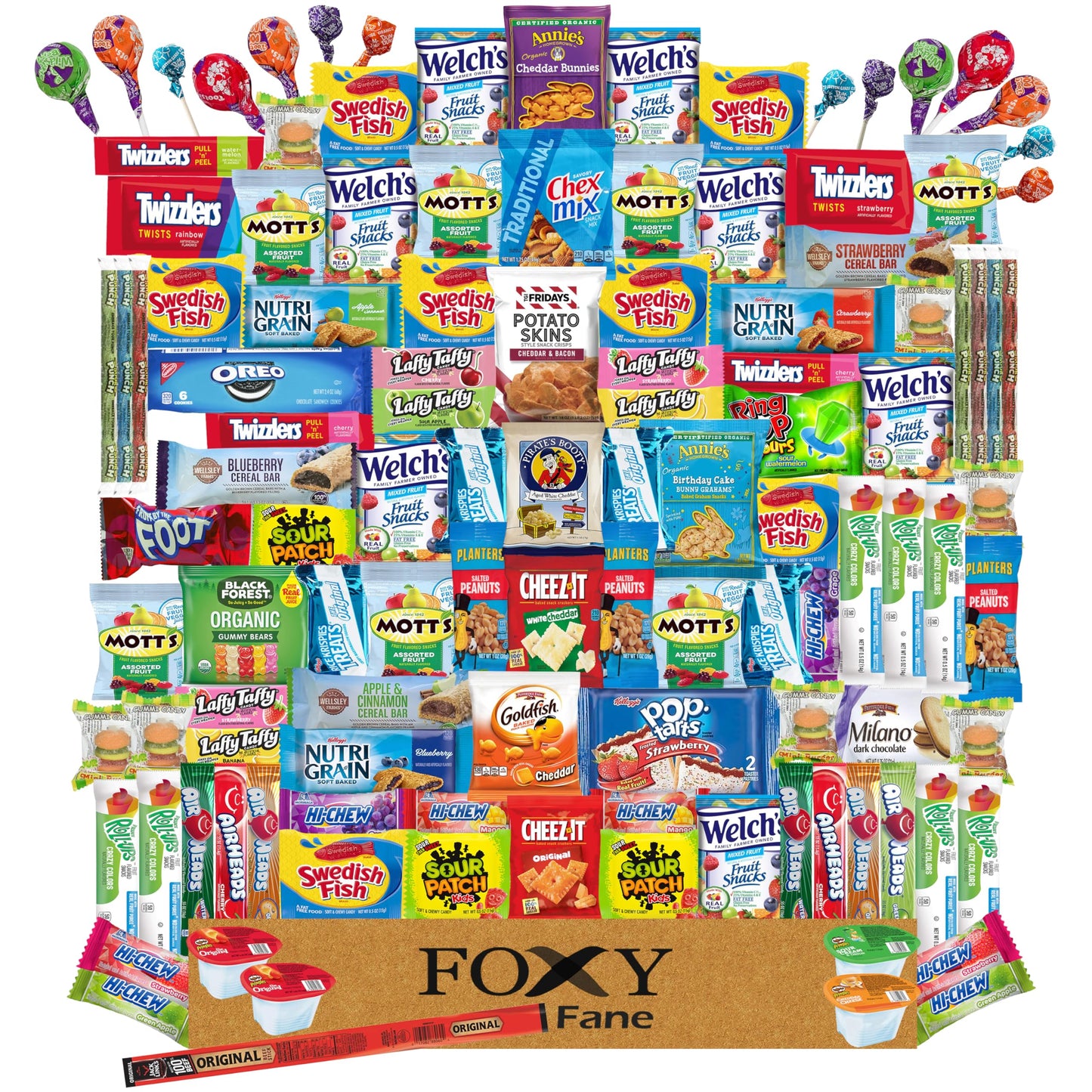 Foxy Fane 120 count Deluxe Snack Box - Ultimate Gift Care Package with Variety Assortment of Crackers, Cookies, Candy, Chips & o
