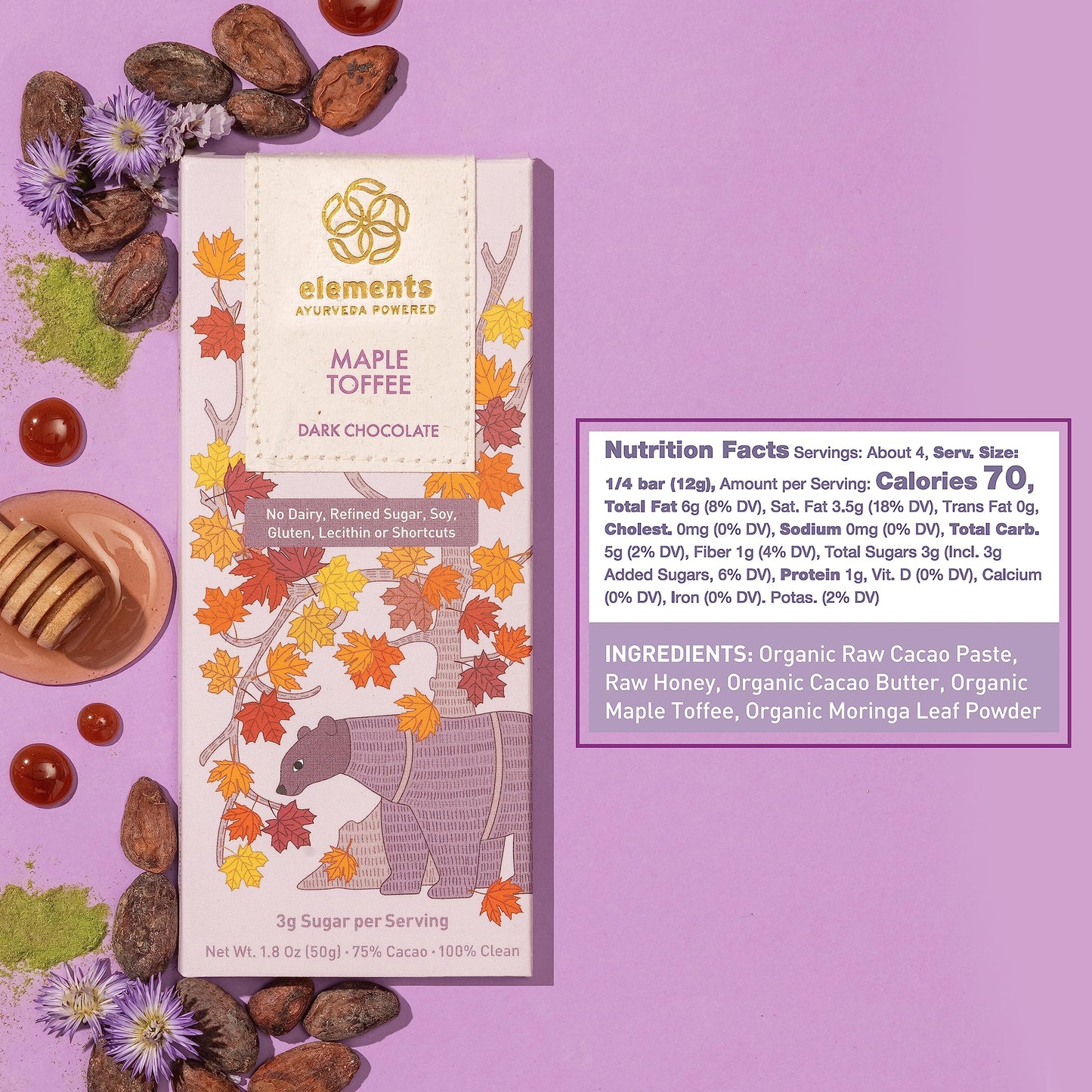 Elements Truffles Maple Toffee W/Moringa - Heavy Metal Tested- Dairy Free Chocolate Bars - Paleo, Gluten Free, Non-Gmo, Raw, Org