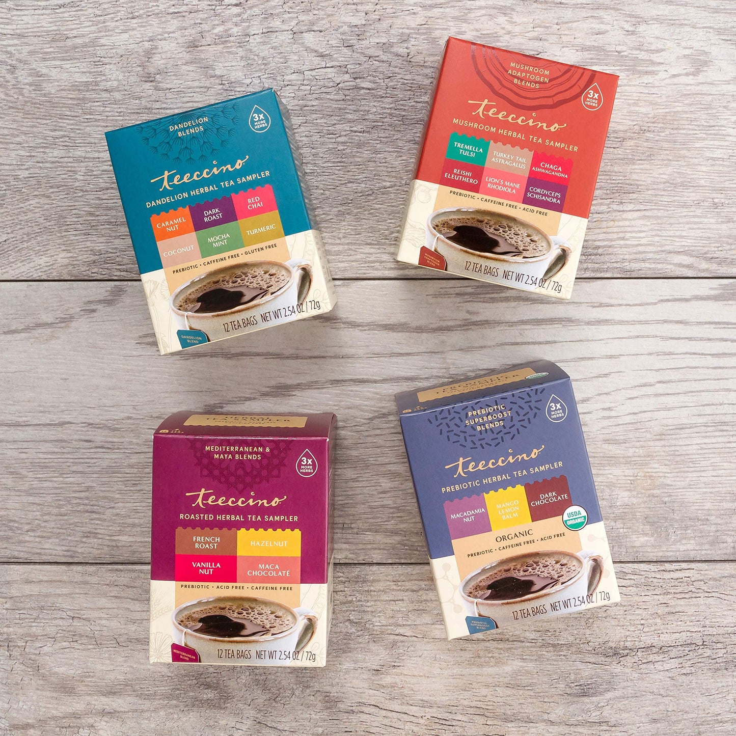 Teeccino Herbal Tea Gift Set - 48 Tea Bag Sampler Assortment - 12 Count (Pack of 4) - Caffeine Free