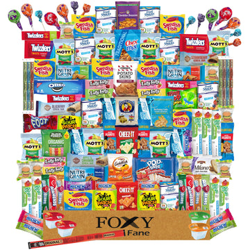 Foxy Fane Deluxe Snack Box - 150 Count Assortment of Crackers, Cookies, Chips & Candy - 864 Cubic Inches