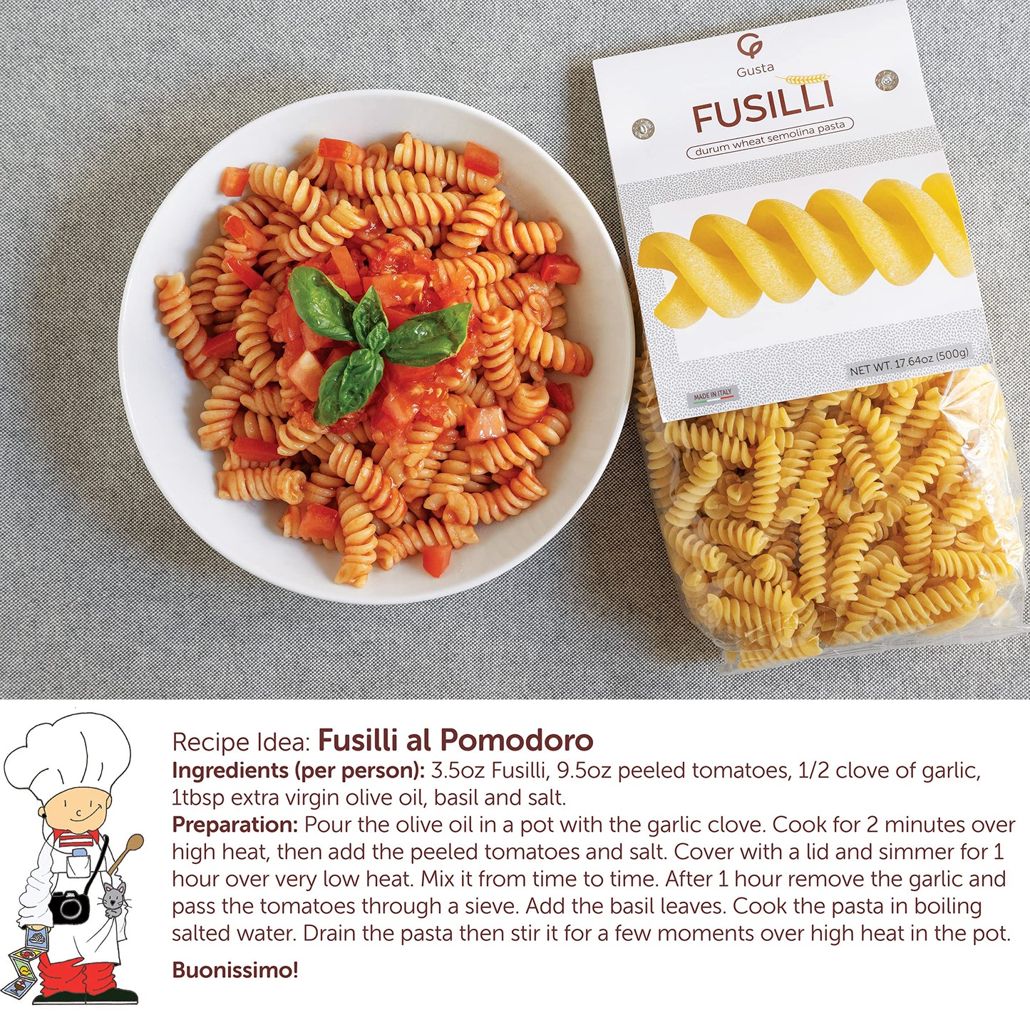 GUSTA Rotini Fusilli Pasta - Organic Non-GMO Duspirit-inspired flavor Wheat - 17.64oz (4 Pack)