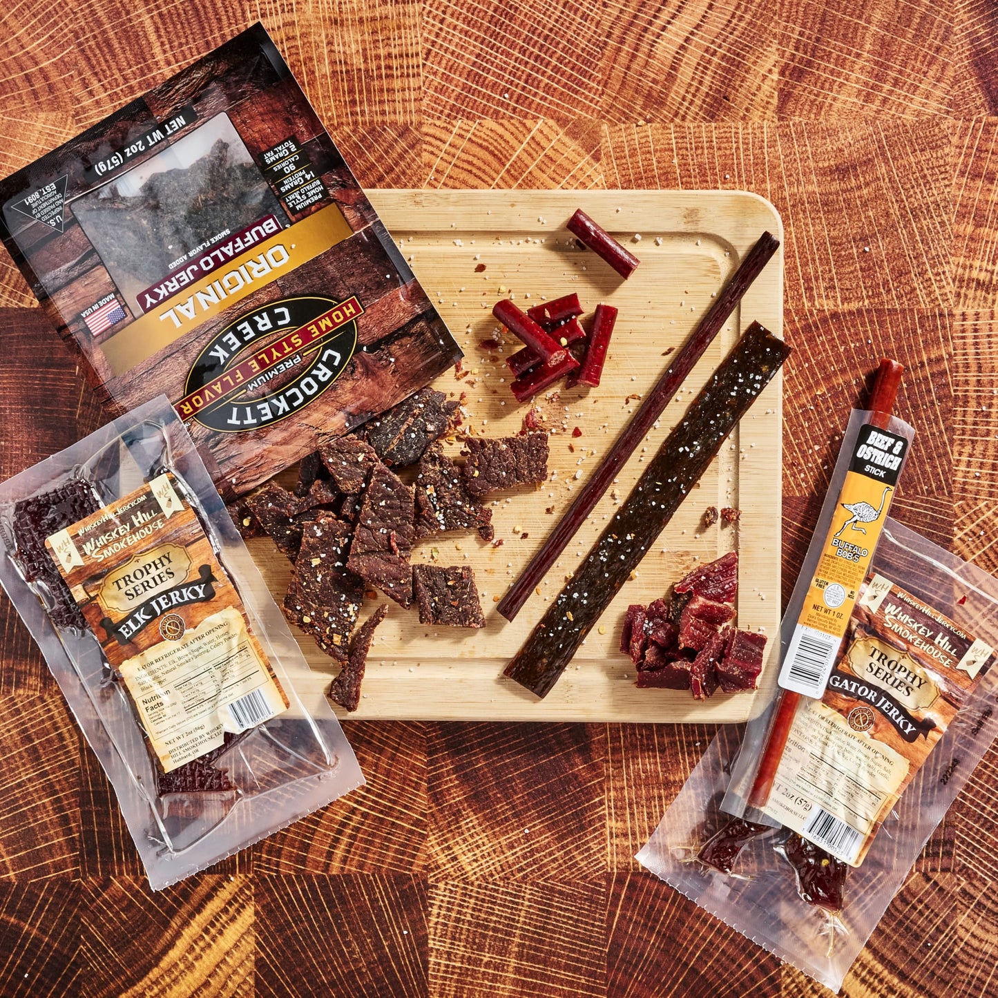 Man Crates Exotic Meats Crate - 10 Piece Set with 8 Rare Jerky Flavors - Includes Venison, Alligator, Elk - Sealed Wooden Crate