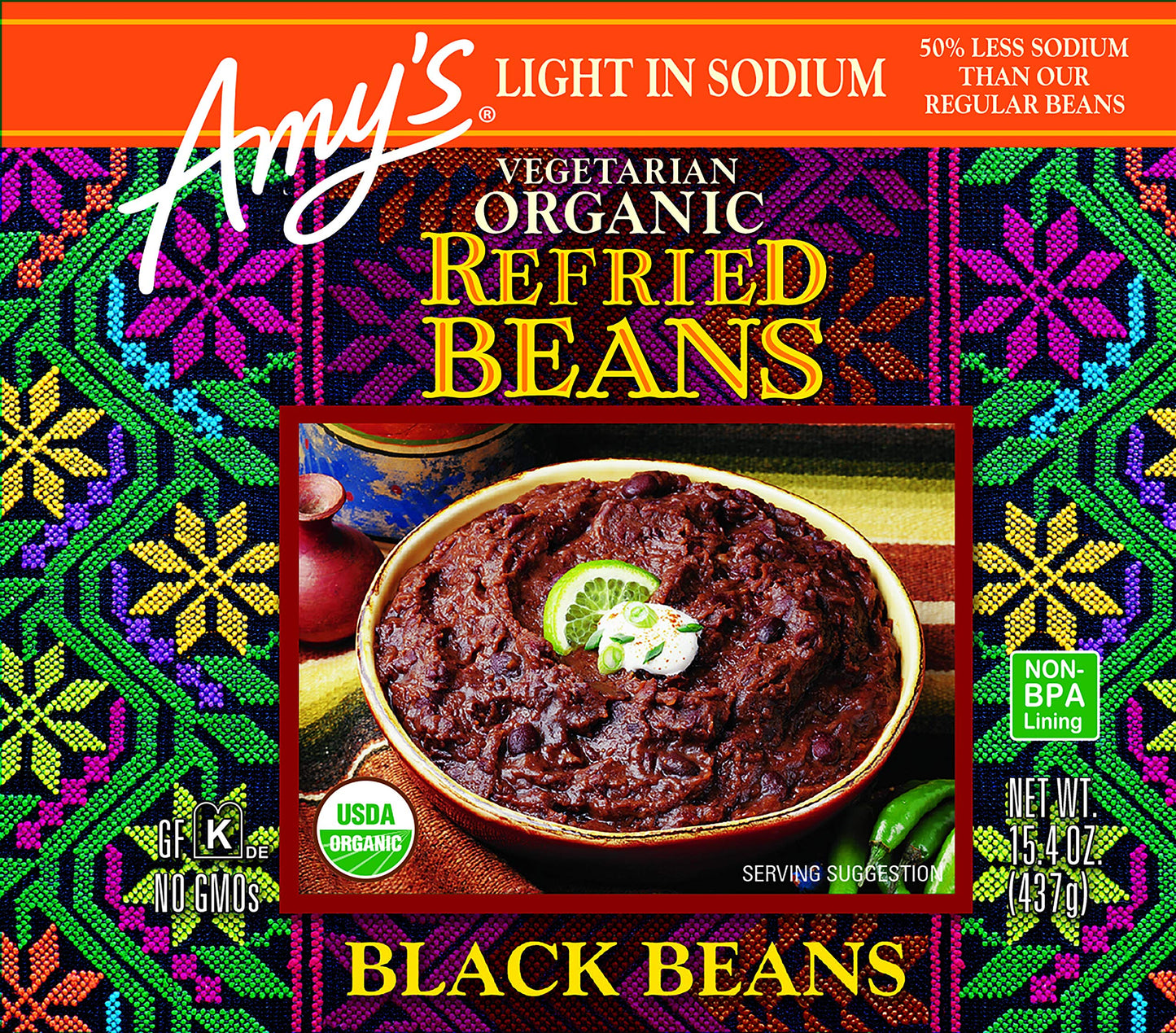 Amys Organic Refried Beans Canned, Light in Sodium Refried Black Beans, Vegan Gluten Free and Vegetarian, 15.4 Oz