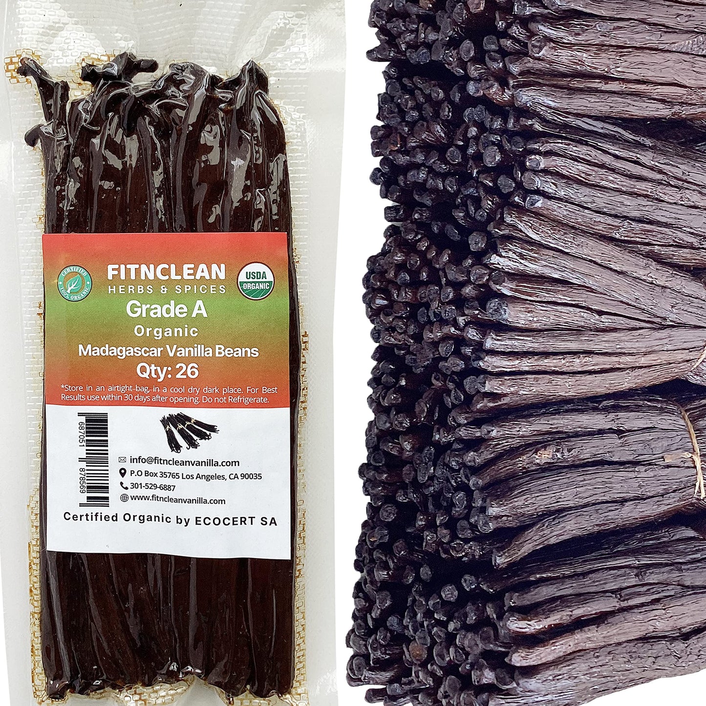 FITNCLEAN Vanilla Beans - Organic Madagascar Grade A, 26 Count, Non-GMO, Fresh for Extract, Cooking, Brewing, Baking