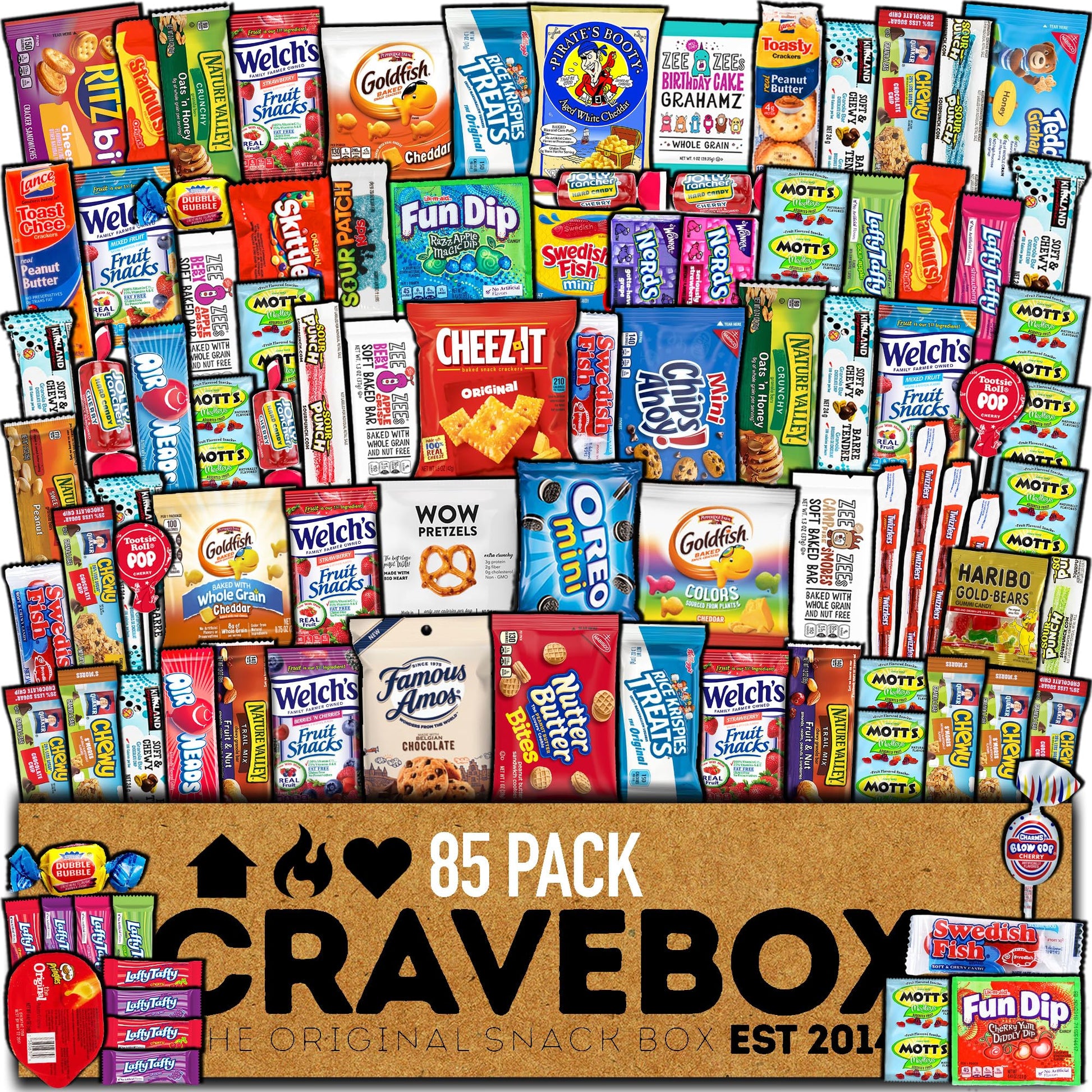 Cravebox Snacks Box Variety Pack Care Package (85 Count) Christmas   Gift Boxes Pack Mature-Themeds Kids Guys Girls Women Men Boyfriend Candy Birthday Cookies Chips College Student Sampler Office School
