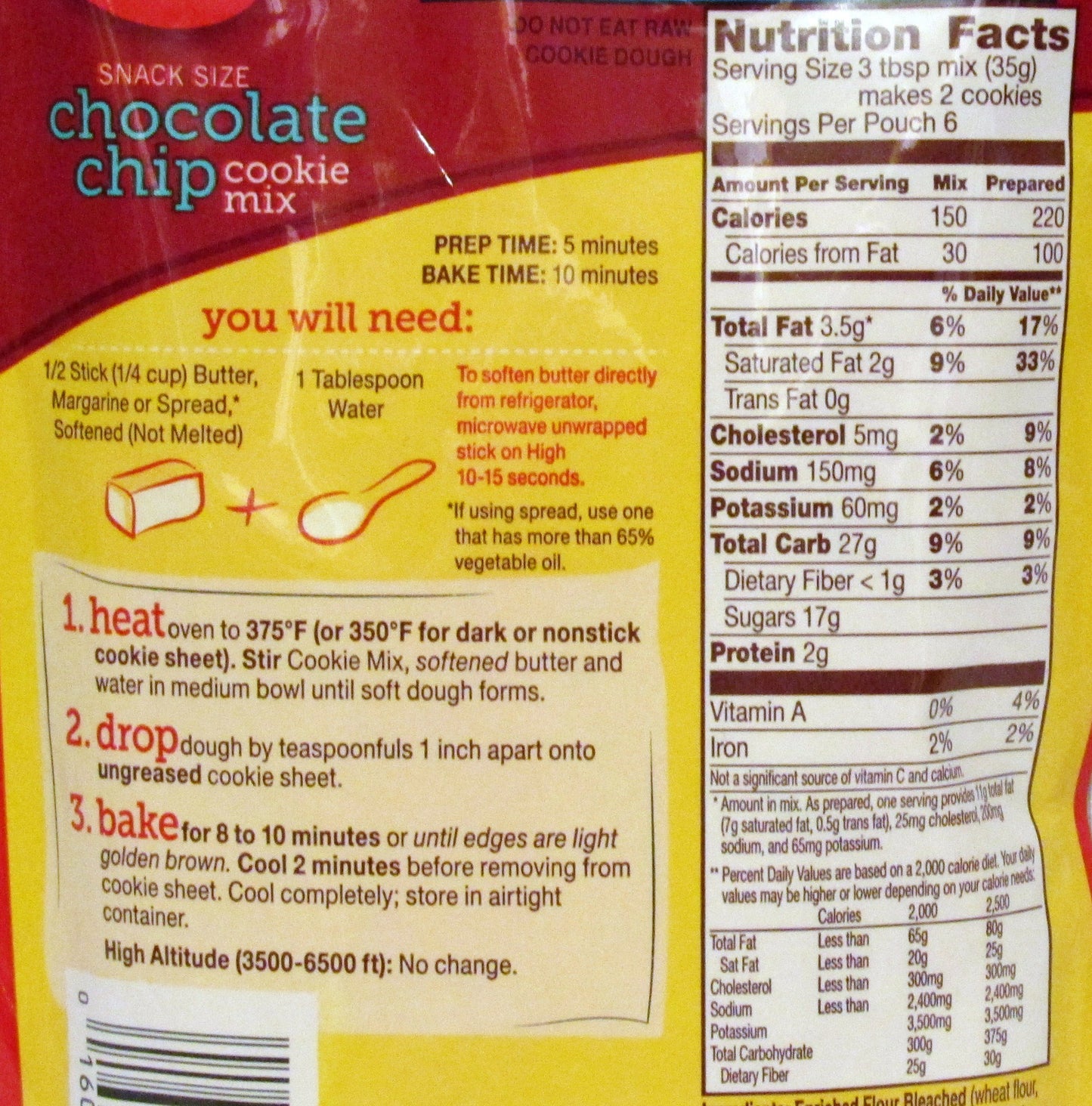 Betty Crocker Snack Size Chocolate Chip Cookie Mix 8.5Oz - 4 Packs