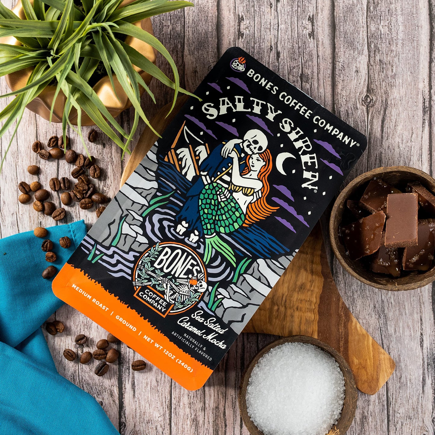 Bones Coffee Company Salty Siren Ground Coffee Beans Caramel Chocolate Flavor, Low Acid Flavored Coffee, Made with Arabica Coffe