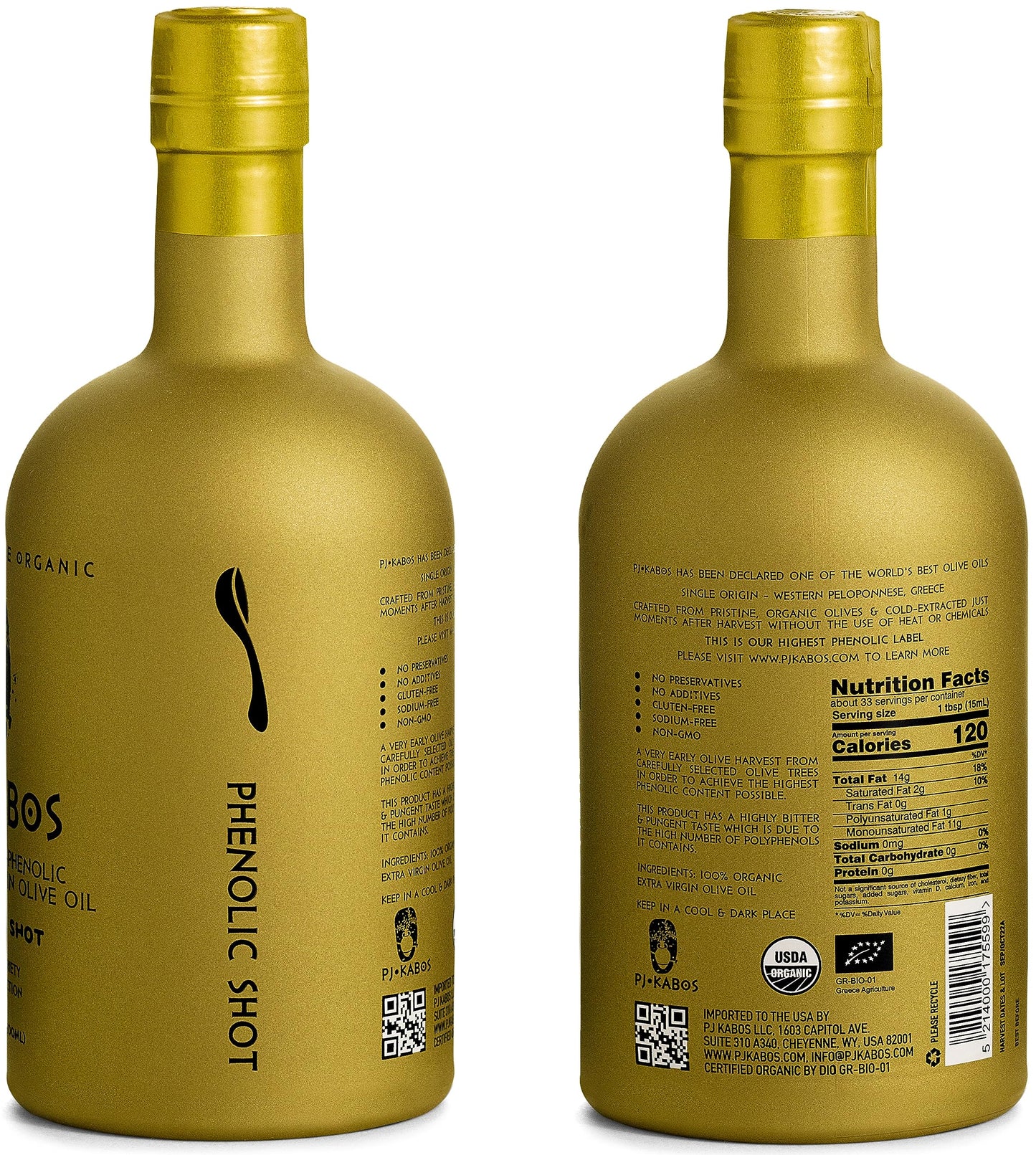 P.J. Kabos 2024/25 Harvest, Extremely High Phenolic (1000+ Mg/Kg), Usda Organic Greek Extra Virgin Olive Oil, Kosher, Greece, Co