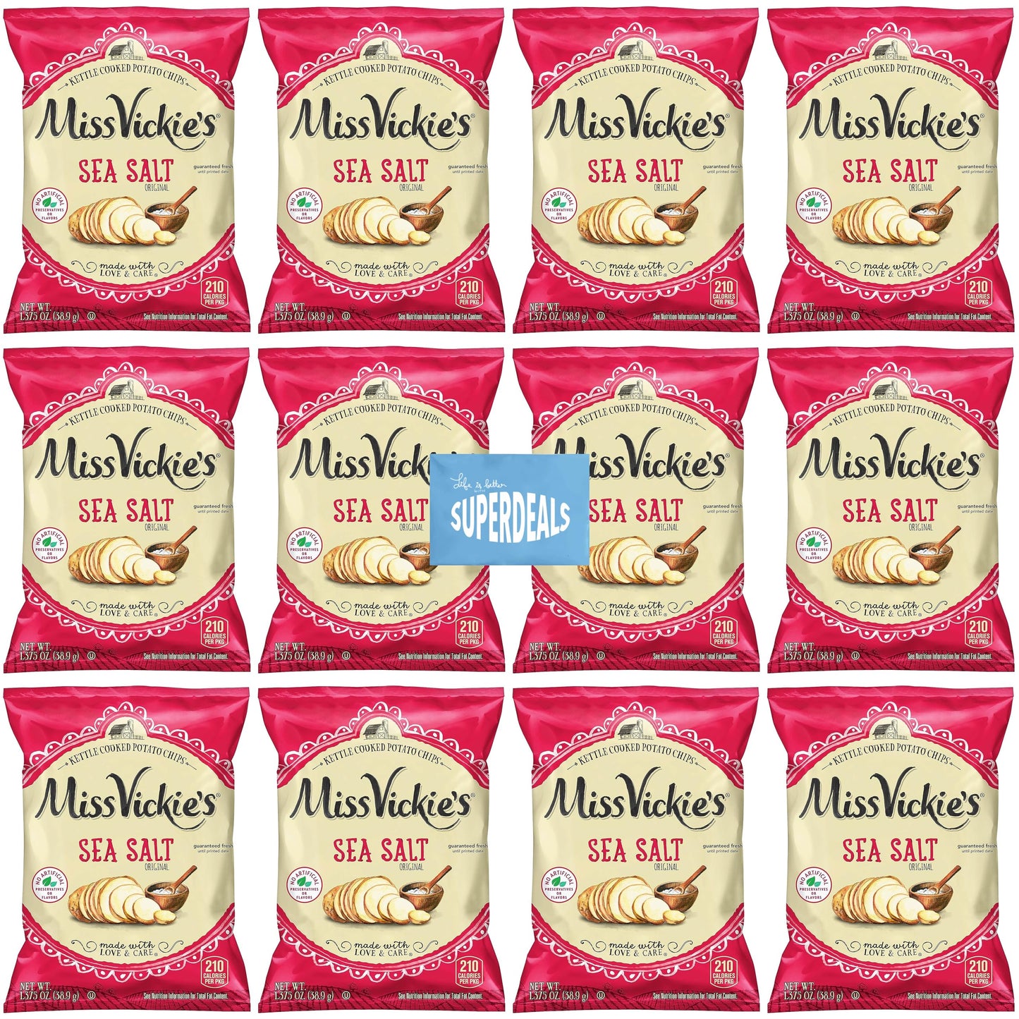 Kettle Cooked Potato Chips By Miss Vickie'S Value Pack Bundled By Superdeals | 1.375 Oz Bag | Sea Salt | Pack Of 12 With Mystery