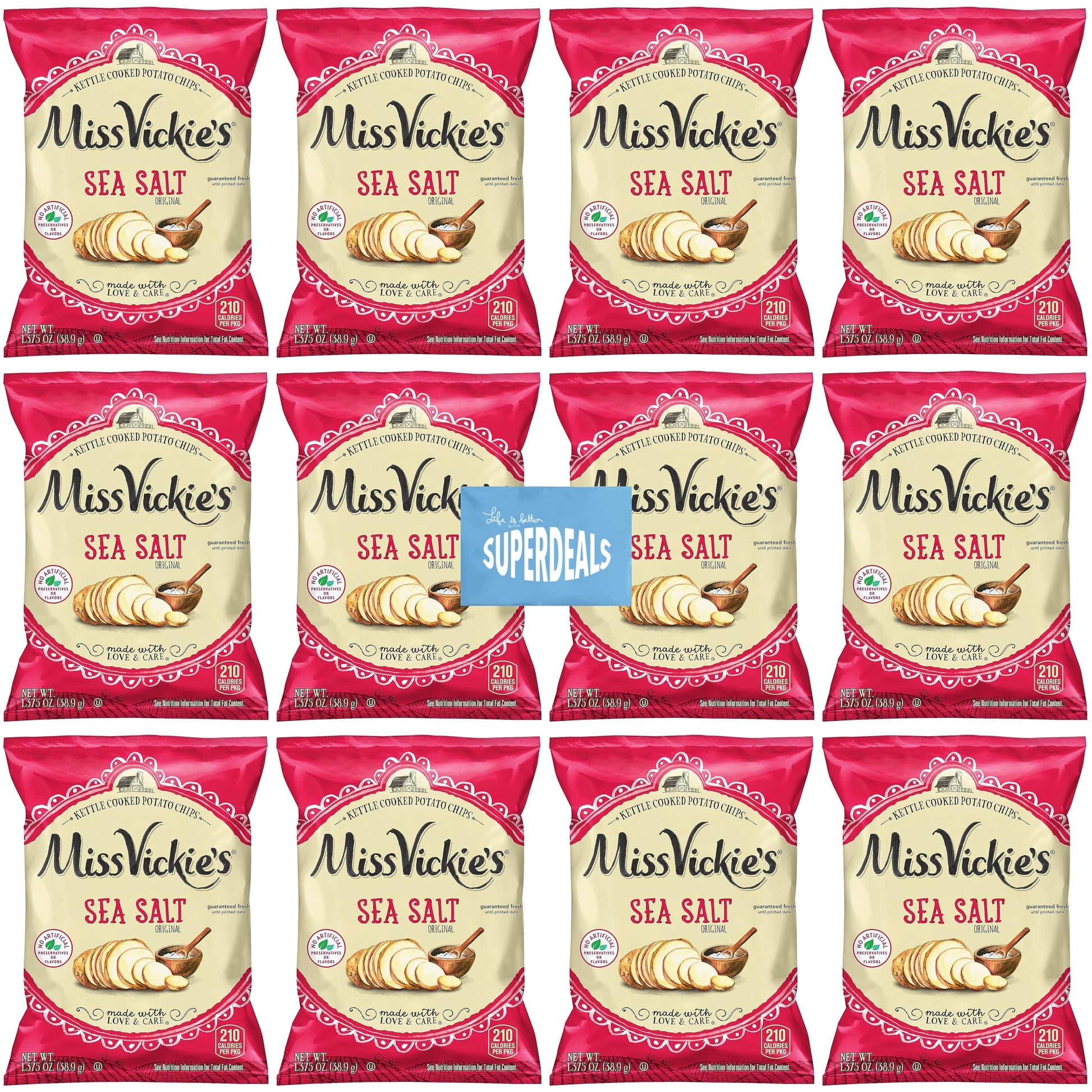 Kettle Cooked Potato Chips By Miss Vickie'S Value Pack Bundled By Superdeals | 1.375 Oz Bag | Sea Salt | Pack Of 12 With Mystery