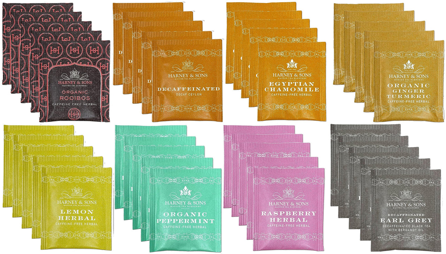 Harney & Sons Assorted Tea Bag Sampler, 40 Count, Caffeine Free Herbal Tea Variety Pack